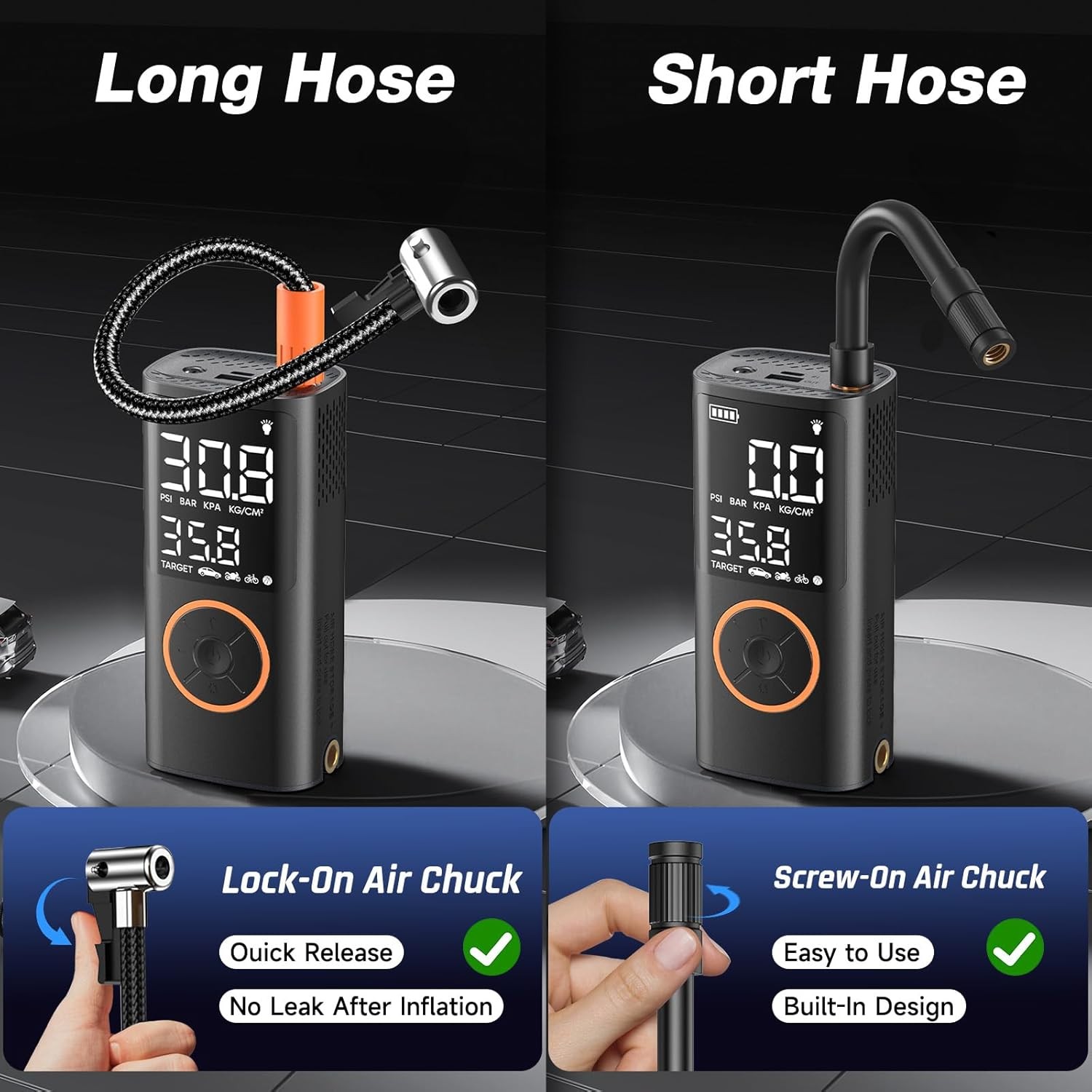 Tire Inflator Portable Air Compressor, Smart Dual Hose System, Auto Air Pump for