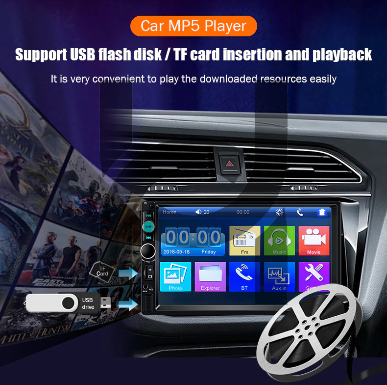 Double 2 DIN Car MP5 Player 7″ Bluetooth Touch Screen Stereo Radio With Camera
