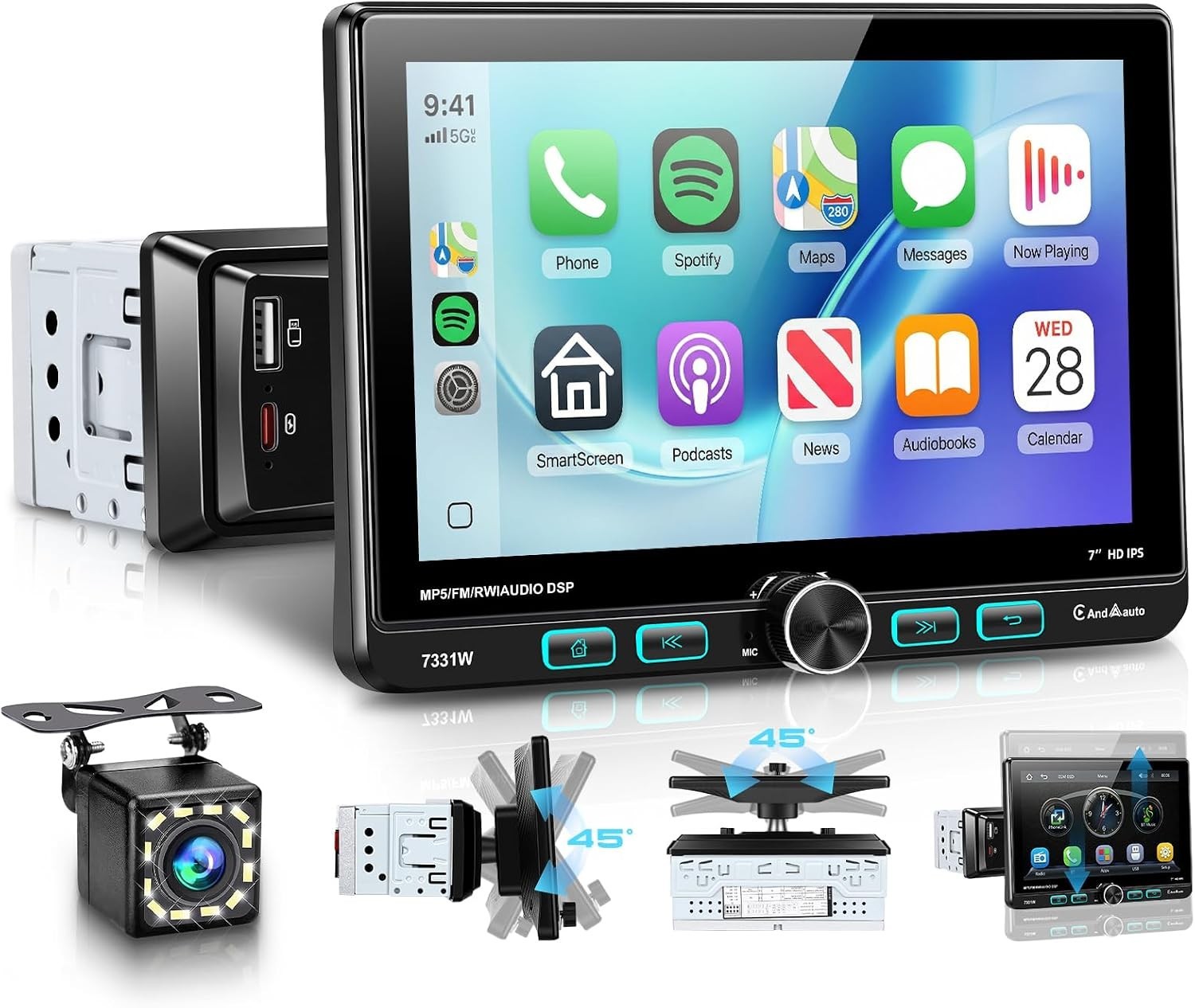 Single DIN Car Stereo 7″ Swivel Touchscreen Wireless CarPlay Android Auto Blueto