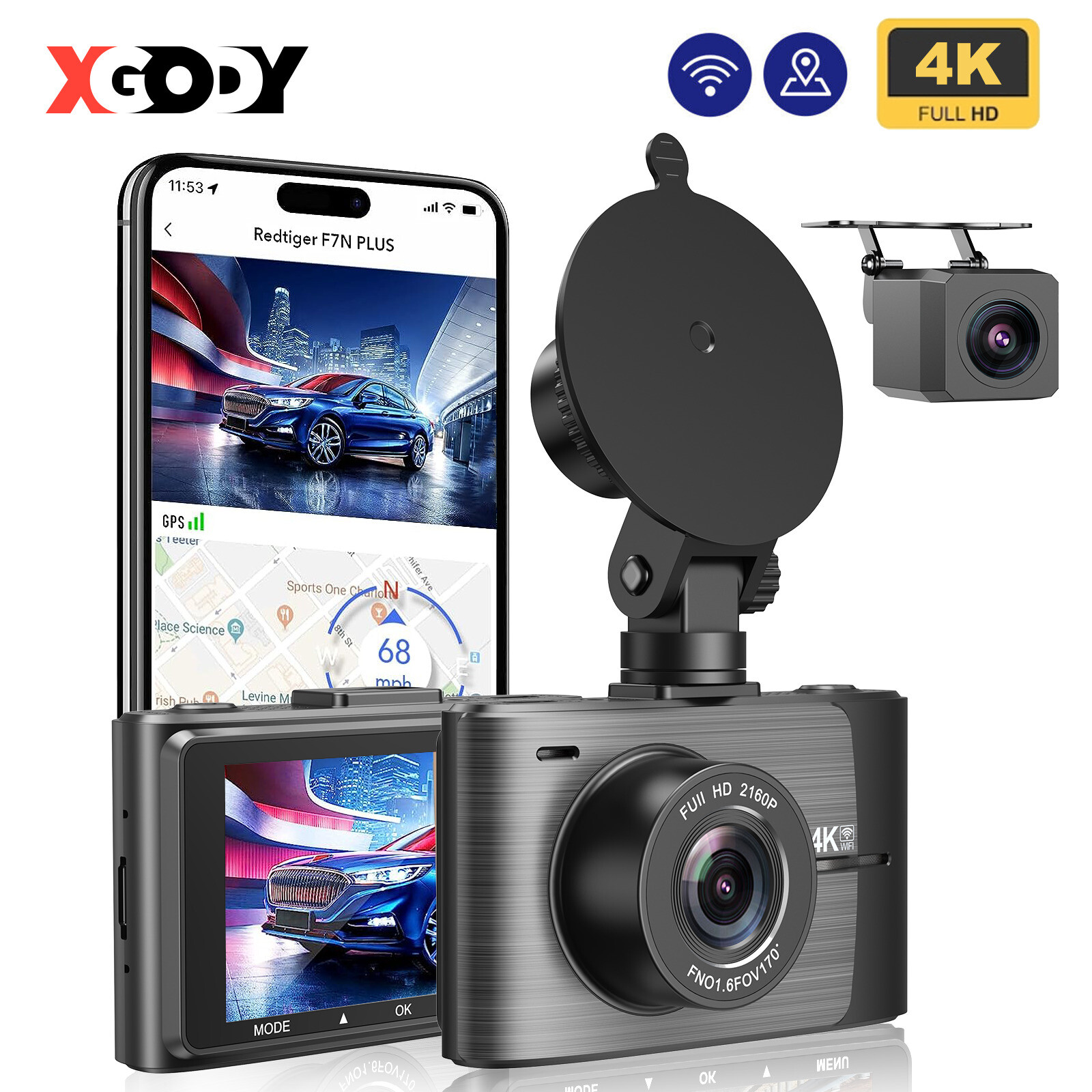 XGODY 4K Dual Dash Car Camera DVR Front Rear View Dash Cam Built-in WiFi & GPS
