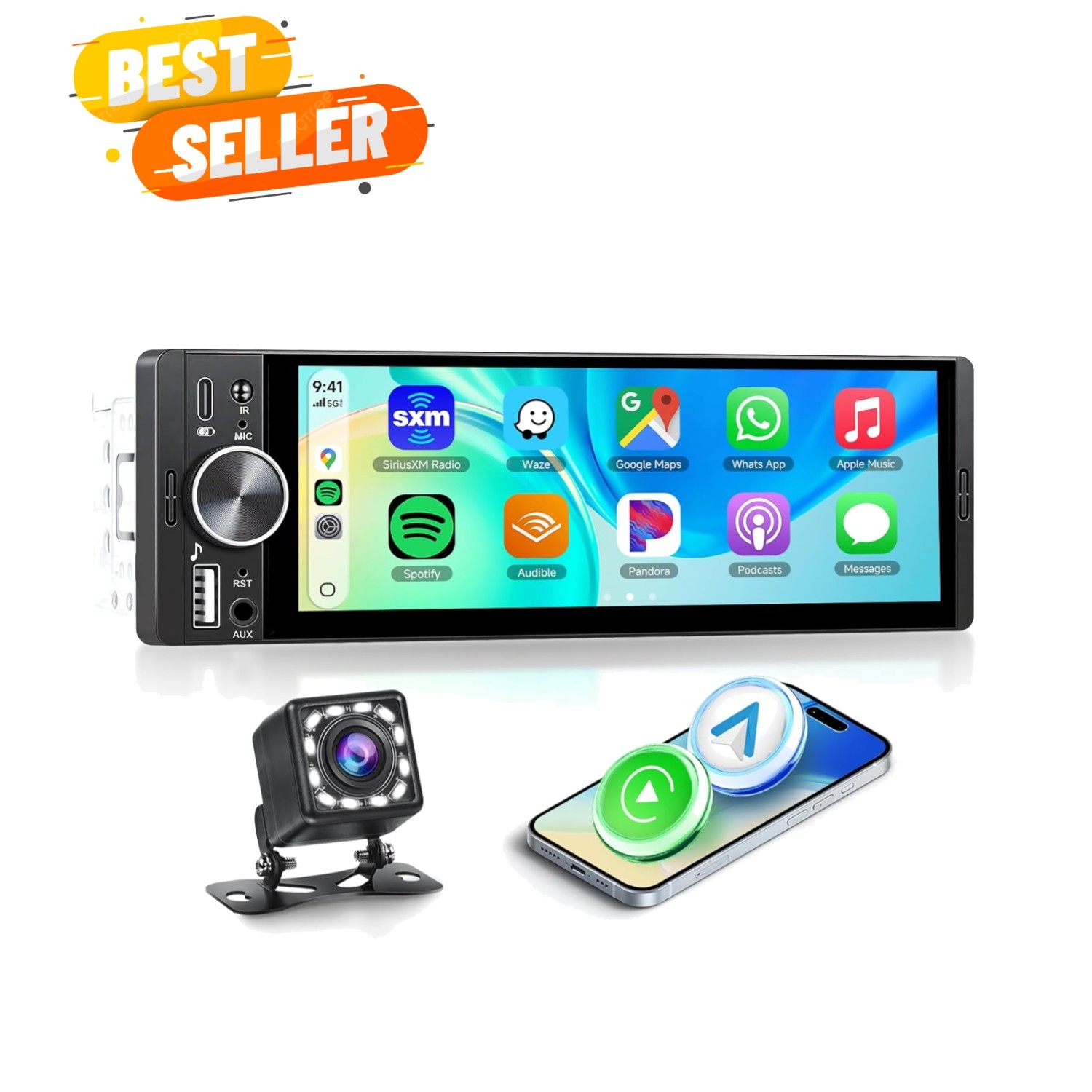 Single DIN Wireless Car Stereo with Wireless CarPlay & Android Auto, 6.9” in-…