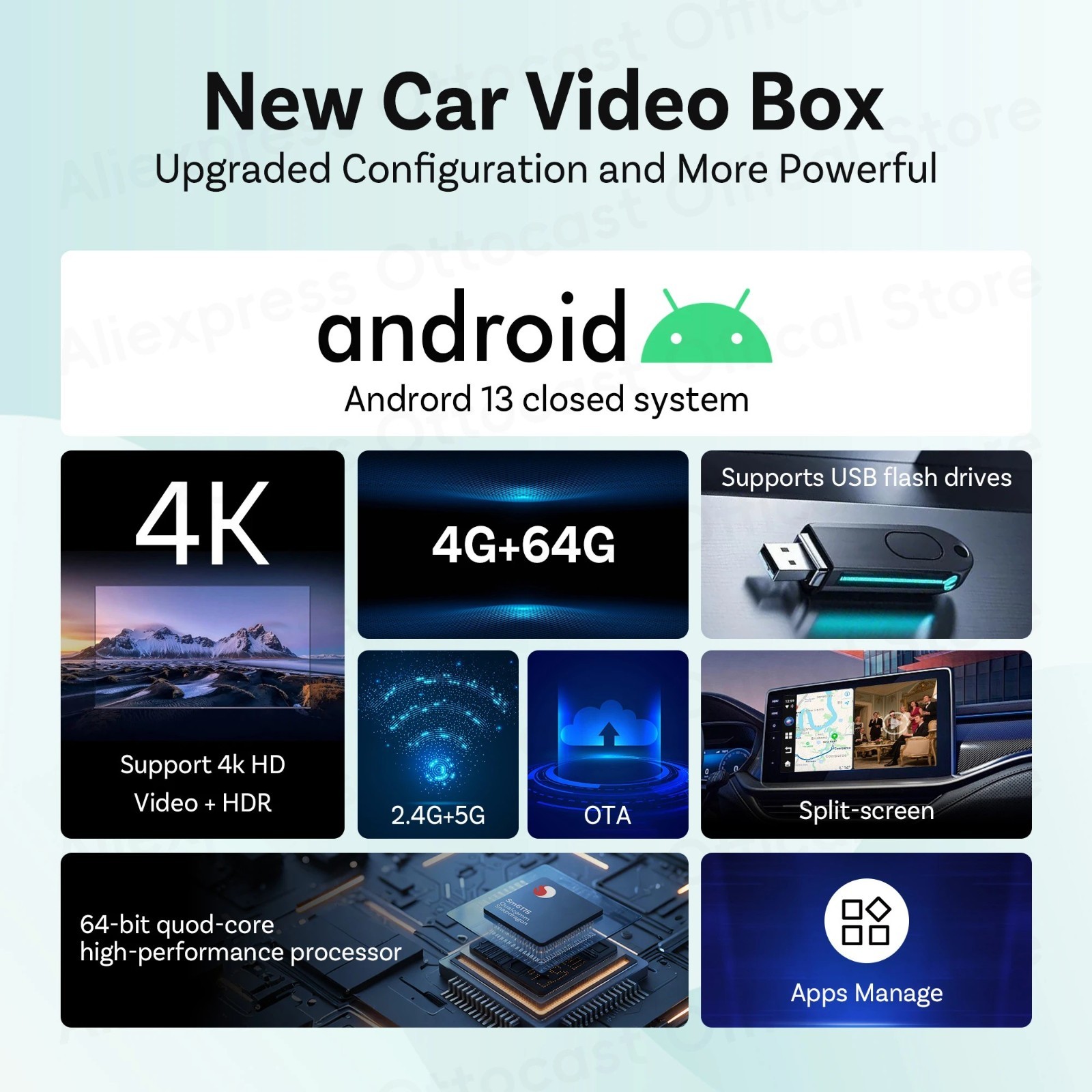 OTTOCAST E2 Video Palyer Ai Box Wireless CarPlay Adapter Android w/YT+TK+APP