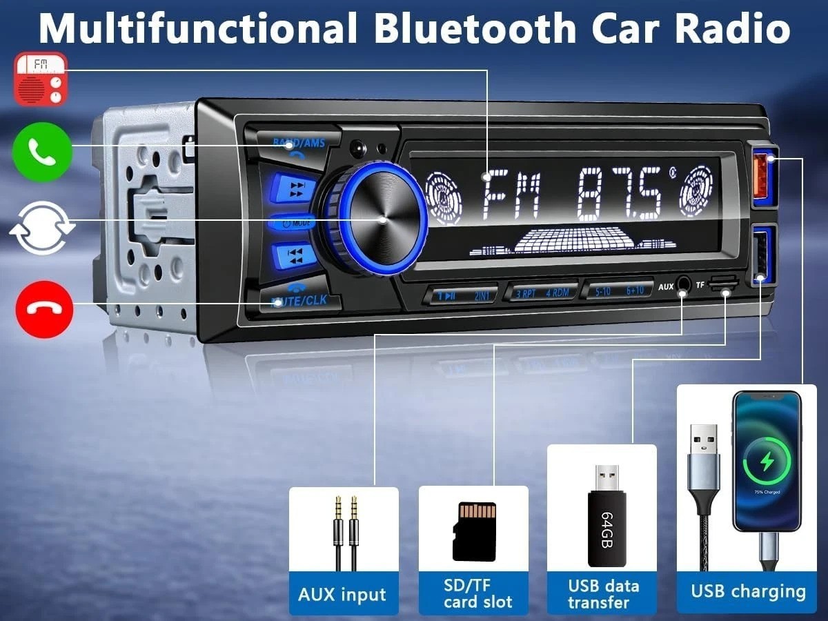 Bluetooth Car Radio with Dual USB Ports & Customizable LED Lights, Single DIN