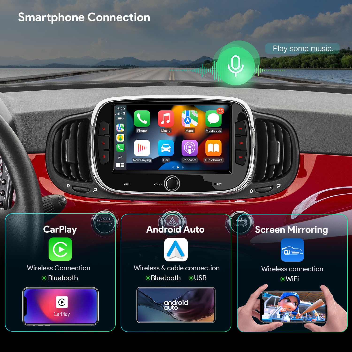 CarPlay For Fiat 500 Android 13 8-Core Car Stereo Radio RDS GPS 4G LTE WiFi 64GB