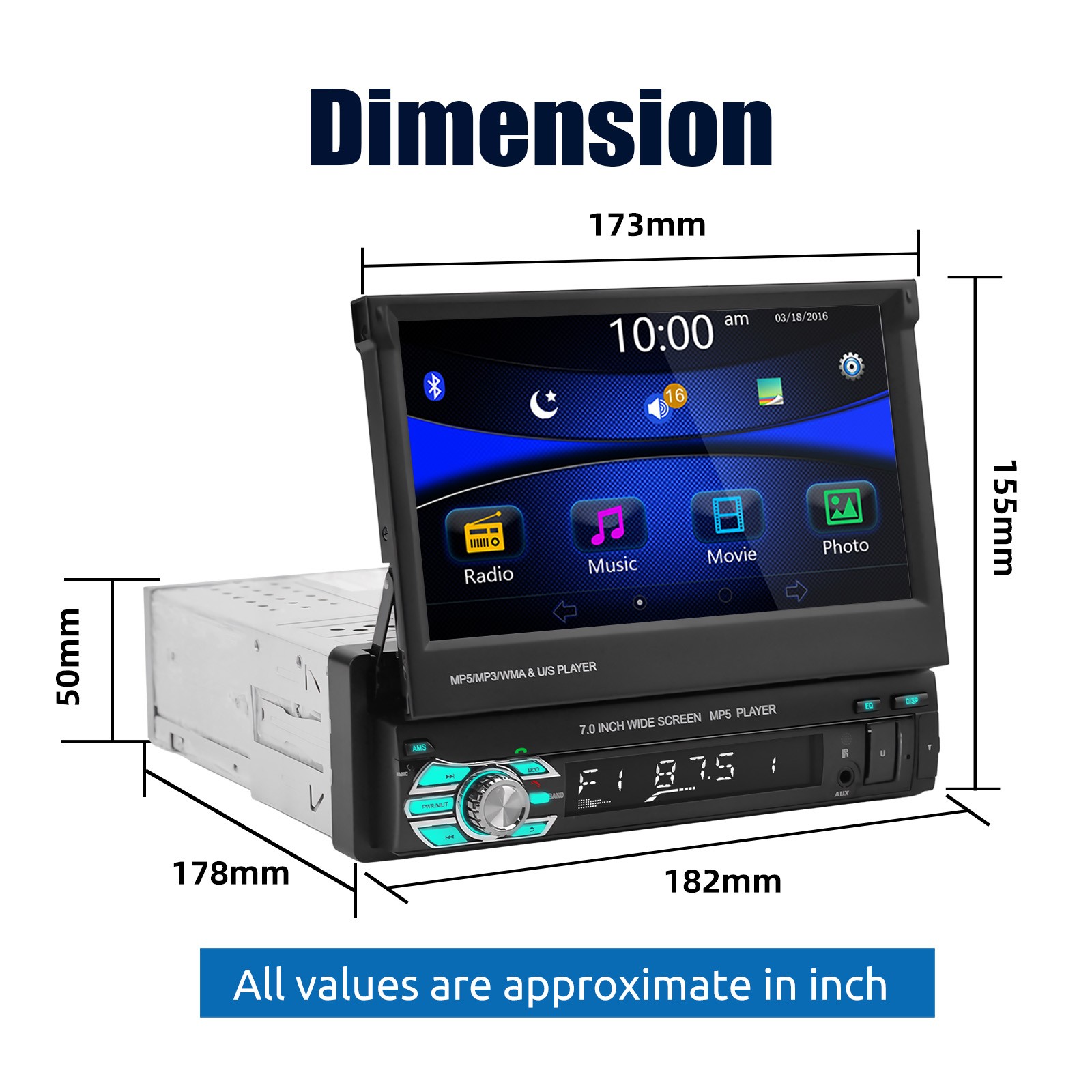 Single DIN 7″ Car Stereo USB Flip Out Touch Screen Bluetooth USB C AUX MP5 Radio