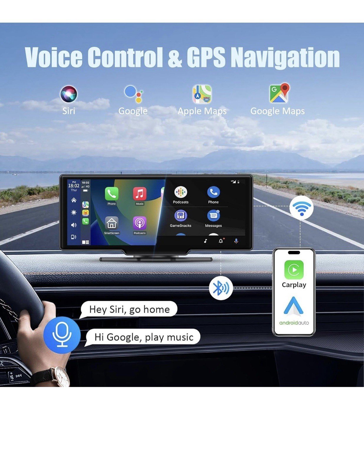 Wireless Carplay Screen for Car, 10.26″ Portable Car Touch Screen for Apple C…