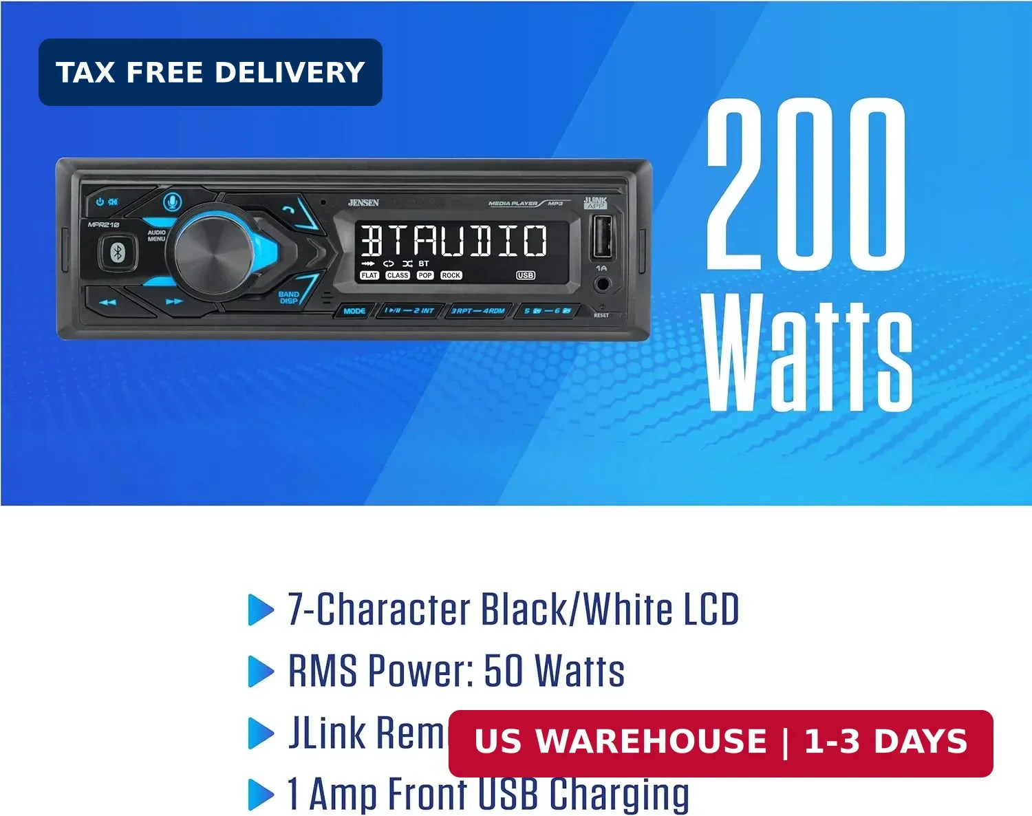 JENSEN MPR210 7-Character LCD Single DIN Car Stereo Radio | Bluetooth Hands Free