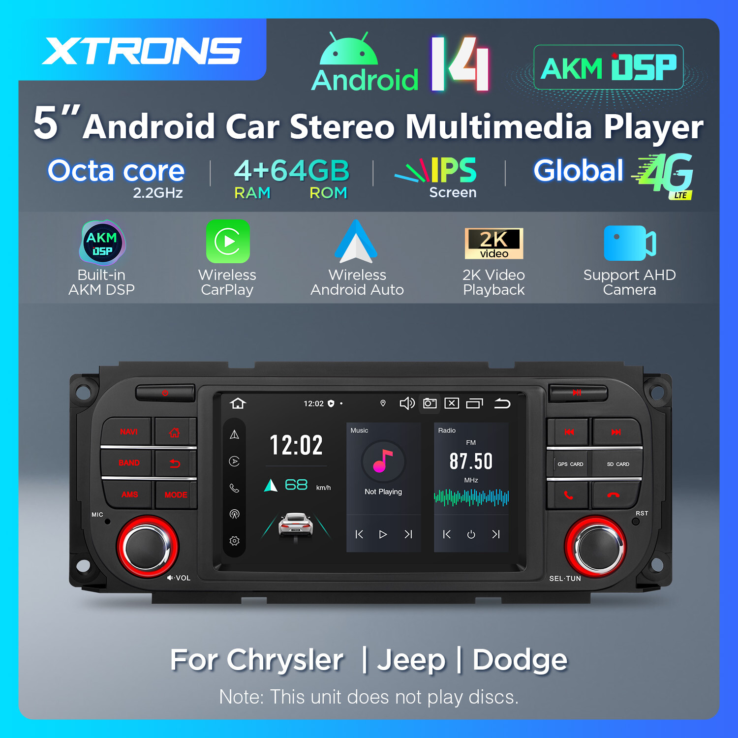 Android 13 8Core 5″ Car GPS Radio Stereo 4G LTE For Jeep Wrangler Dodge Chrysler