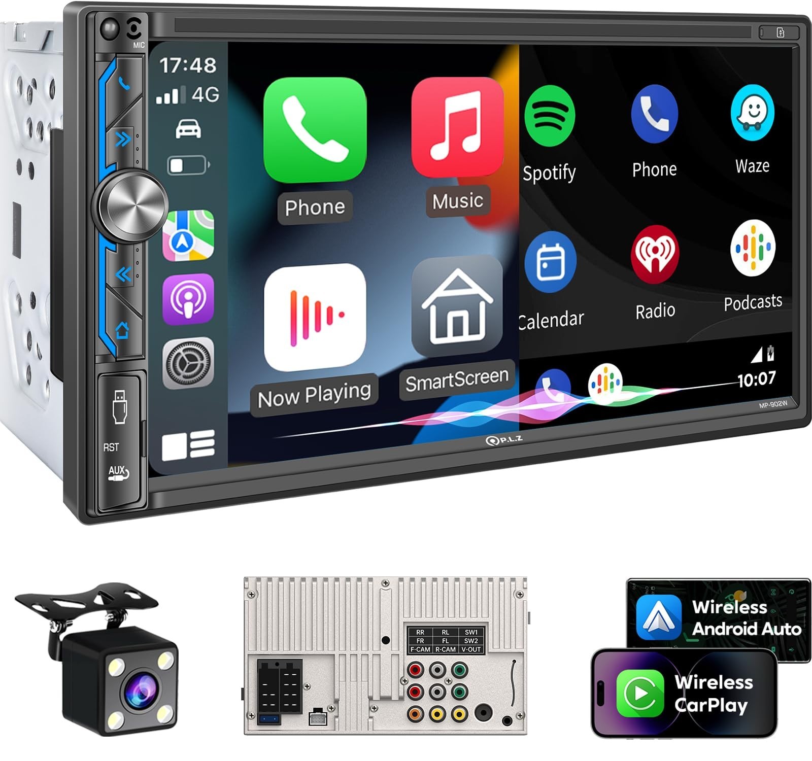 7″ Wireless Double Din Car Stereo – Apple CarPlay, Android Auto, Bluetooth 5.3,