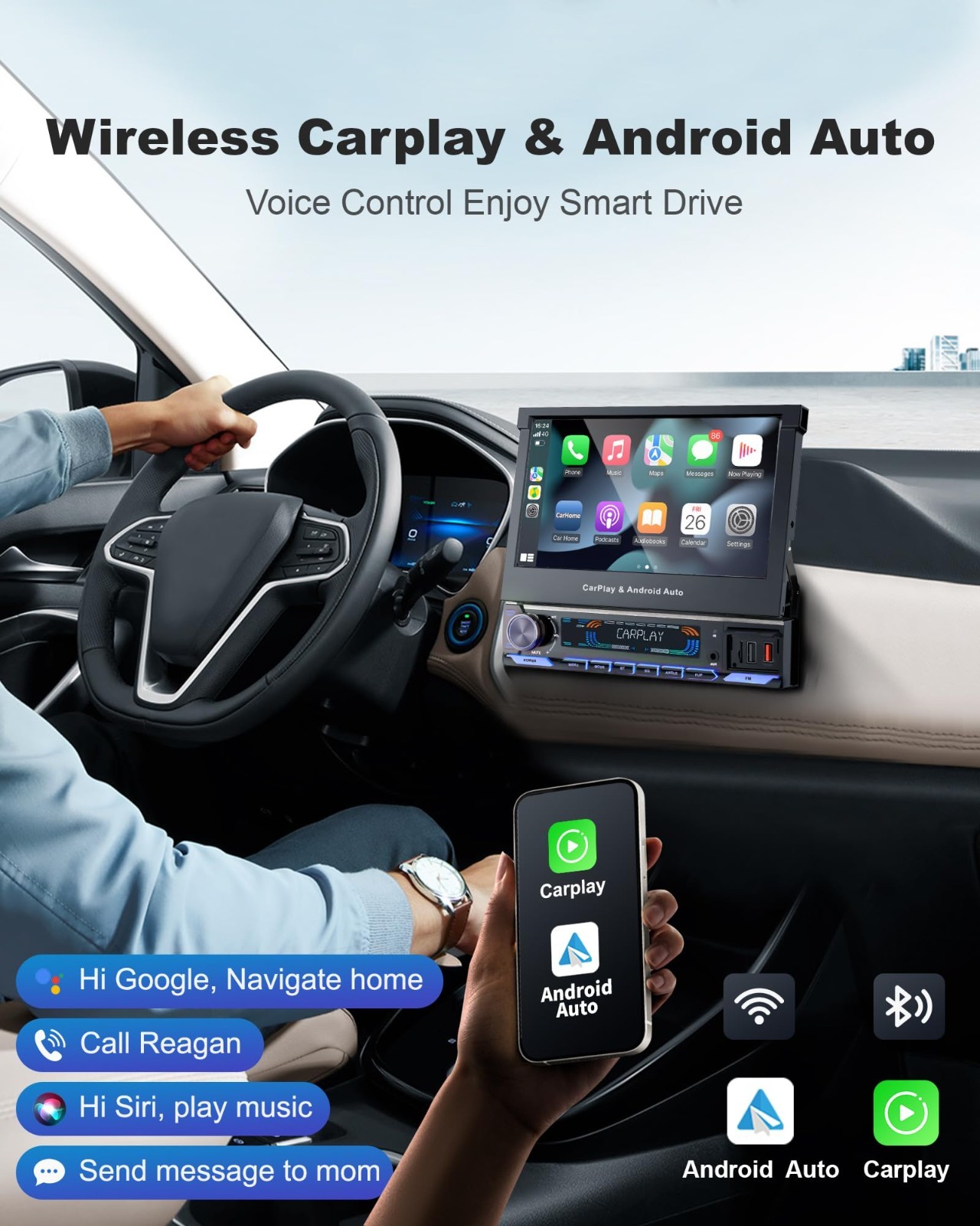 7-Inch HD Flip Out Car Stereo, Wireless Apple CarPlay & Android Auto, Bluetooth