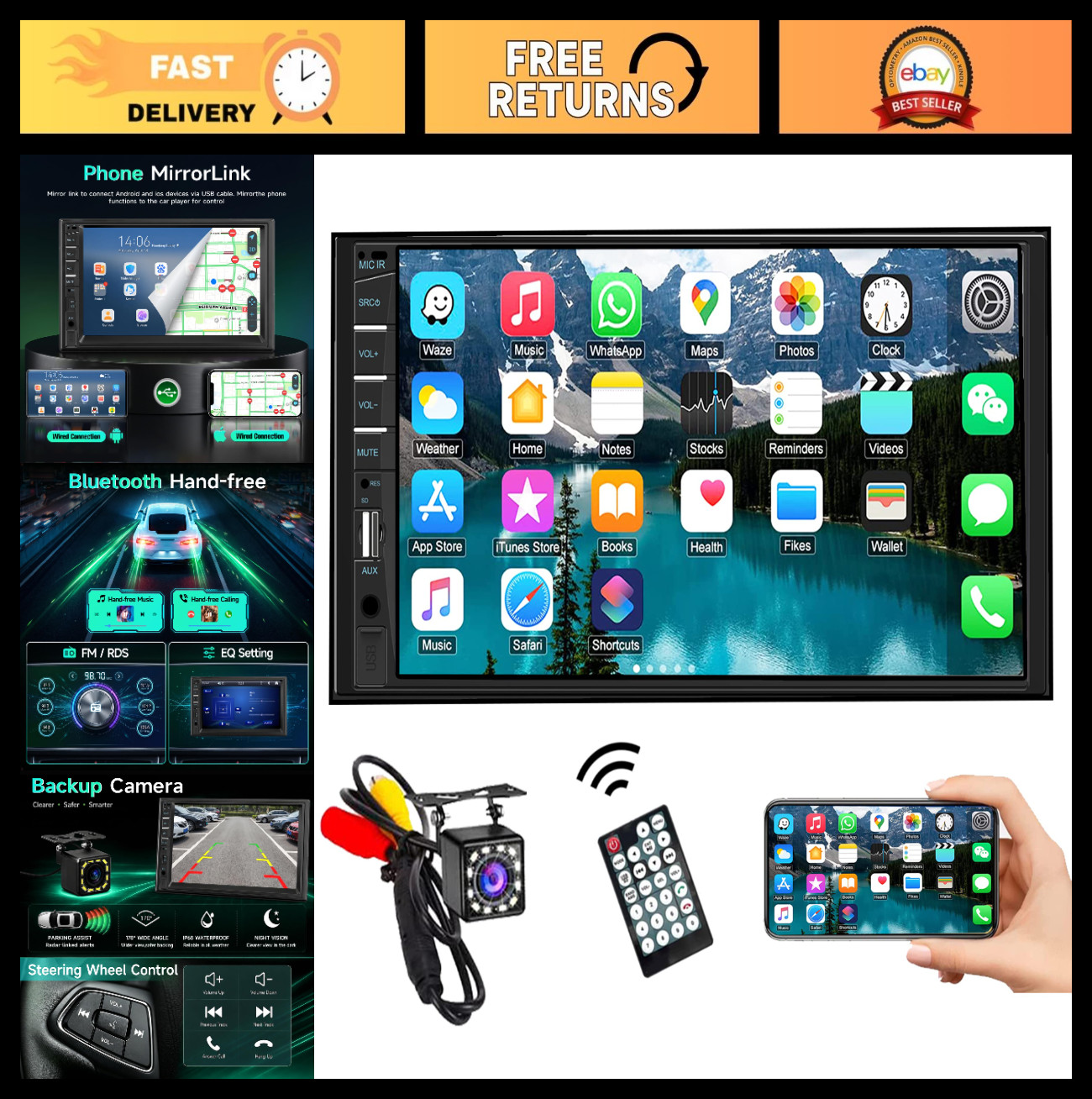 Double Din Car Stereo 7″ Touchscreen MP5 Player Bluetooth Radio w/ Backup Camera
