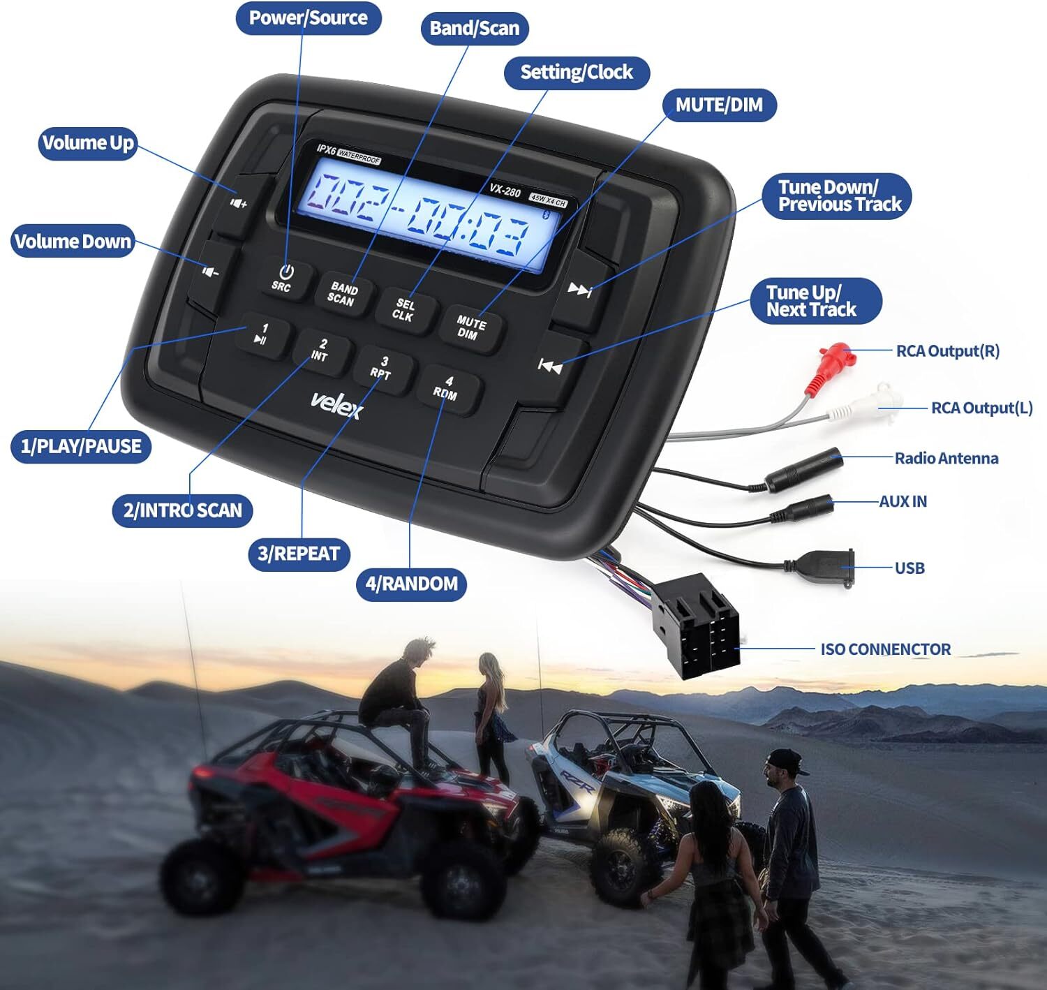 Velex Marine Bluetooth Streaming Stereo Radio AM FM Tuner 4-Channel x 45W