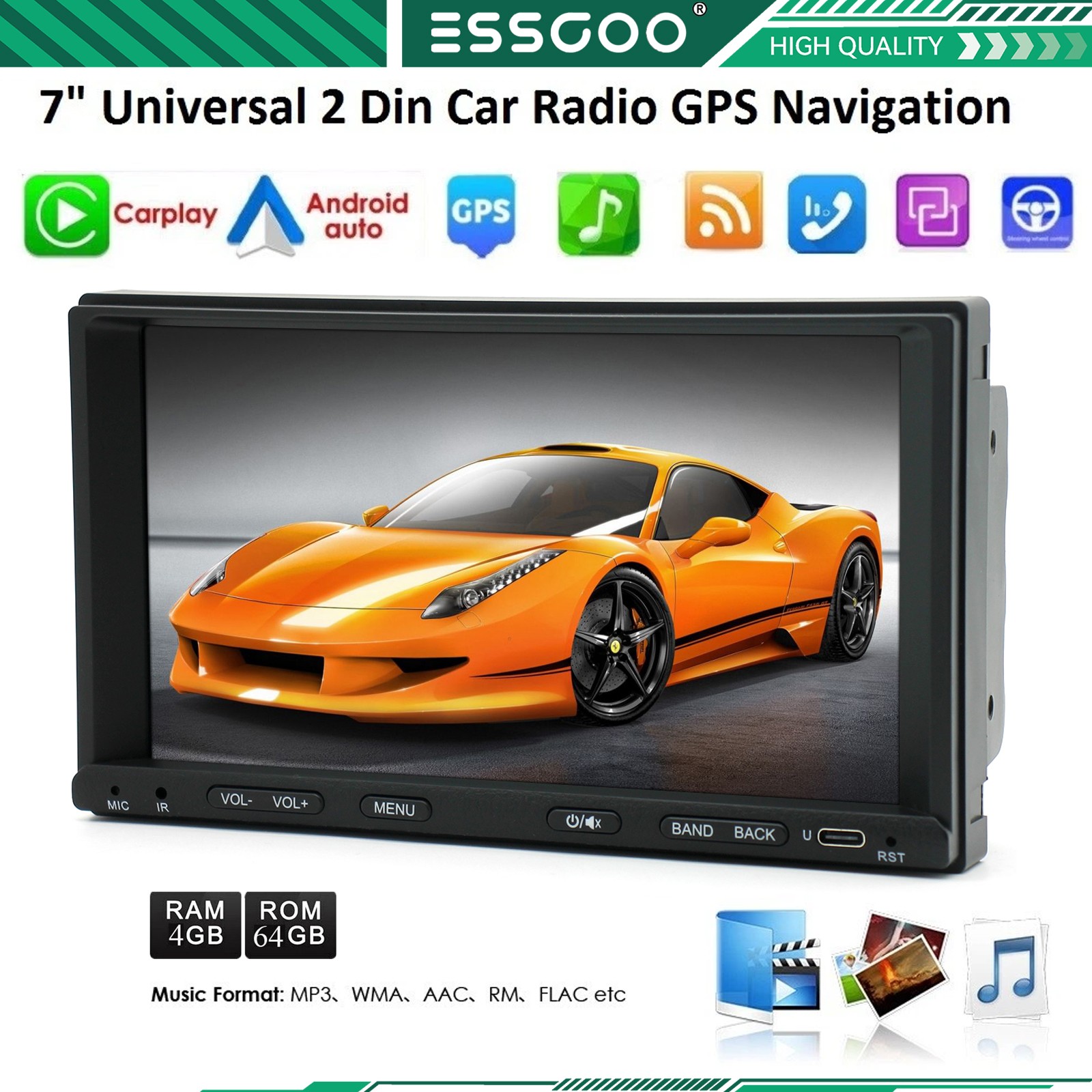 7″ 2Din Car Stereo Radio GPS Navi Android 15 4+64G Wireless Carplay Android Auto