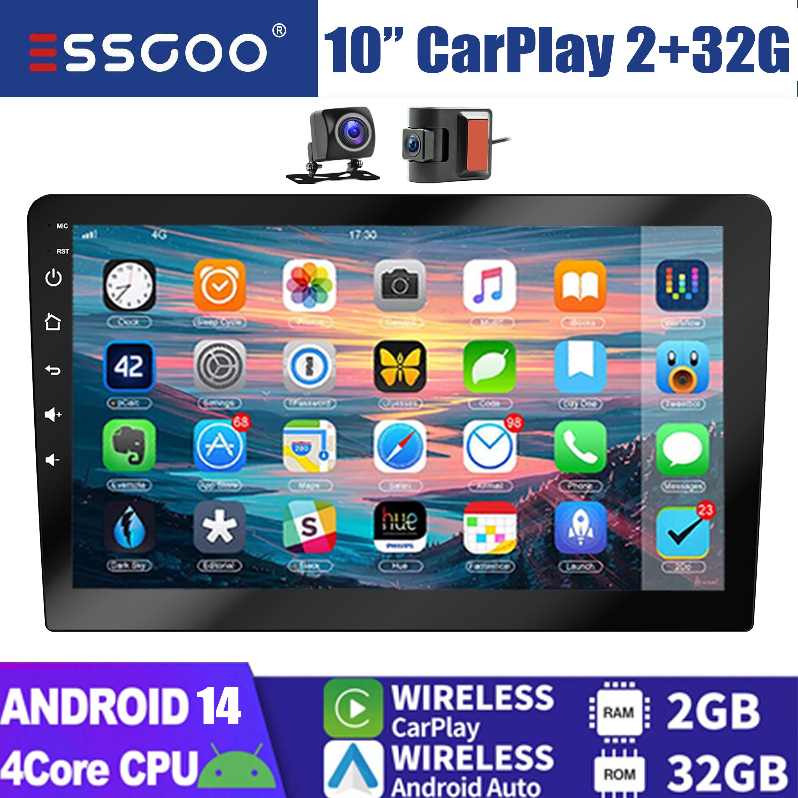 10.1″ DVR+ Android 14 Car Radio Double 2DIN Apple CarPlay Stereo GPS Navi BT+AHD