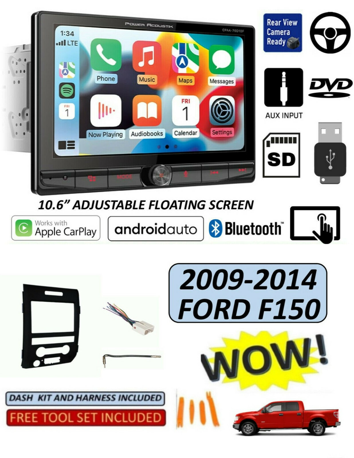 2009-2014 FORD F-150 STEREO Kit, CPAA-70D10F, Apple CarPlay Android Auto