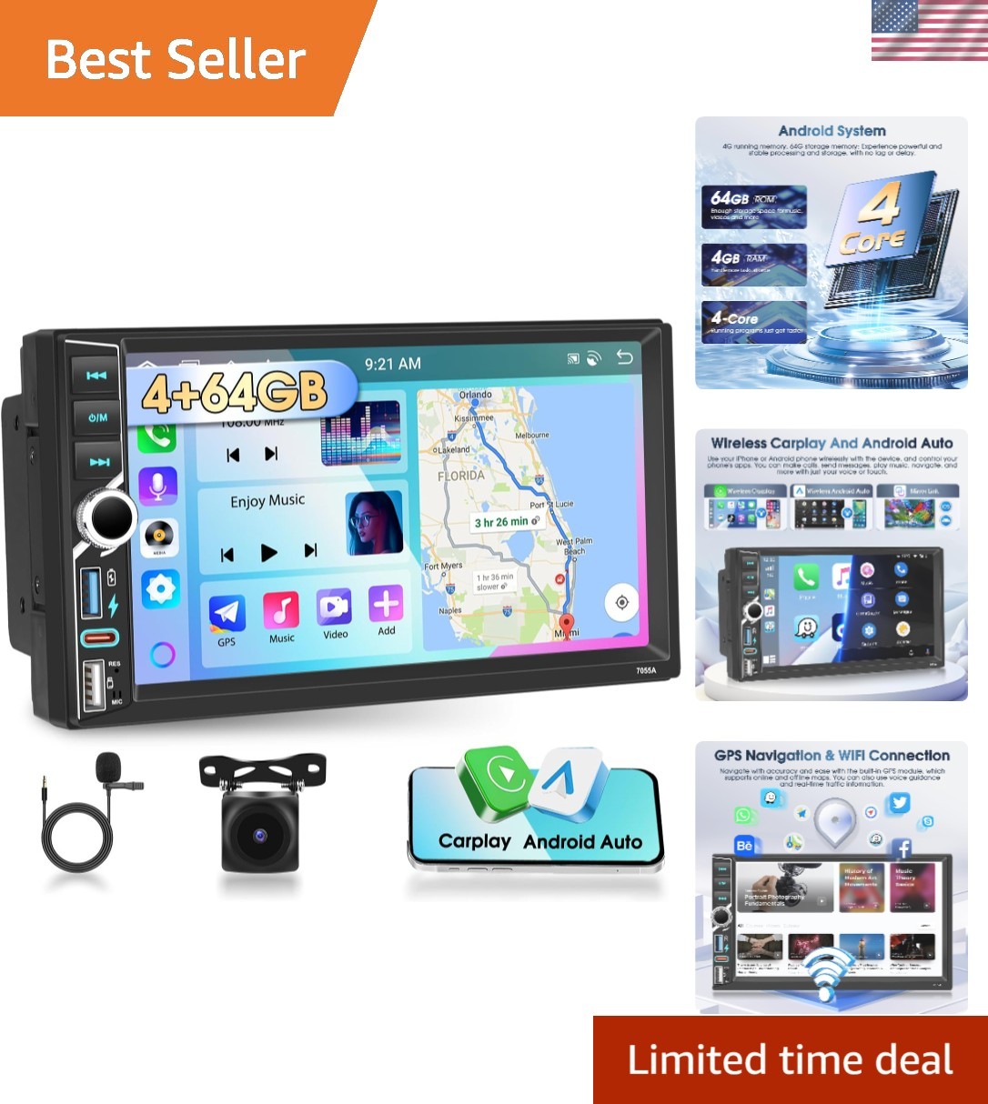 7 Inch 8 Core [4+64G] Double Din Car Stereo Radio Touch Screen Bluetooth Audi…