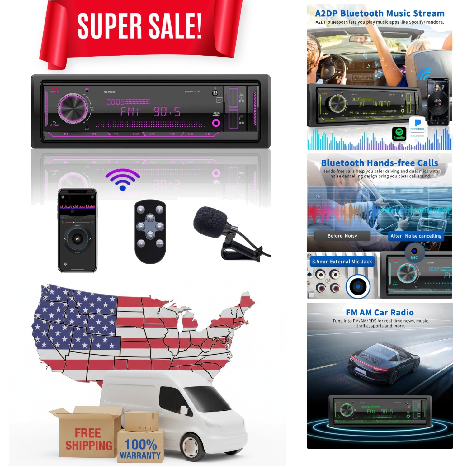 Upgrade Your Ride: 300W Marine Car Stereo with Bluetooth, LCD & Quick Charge