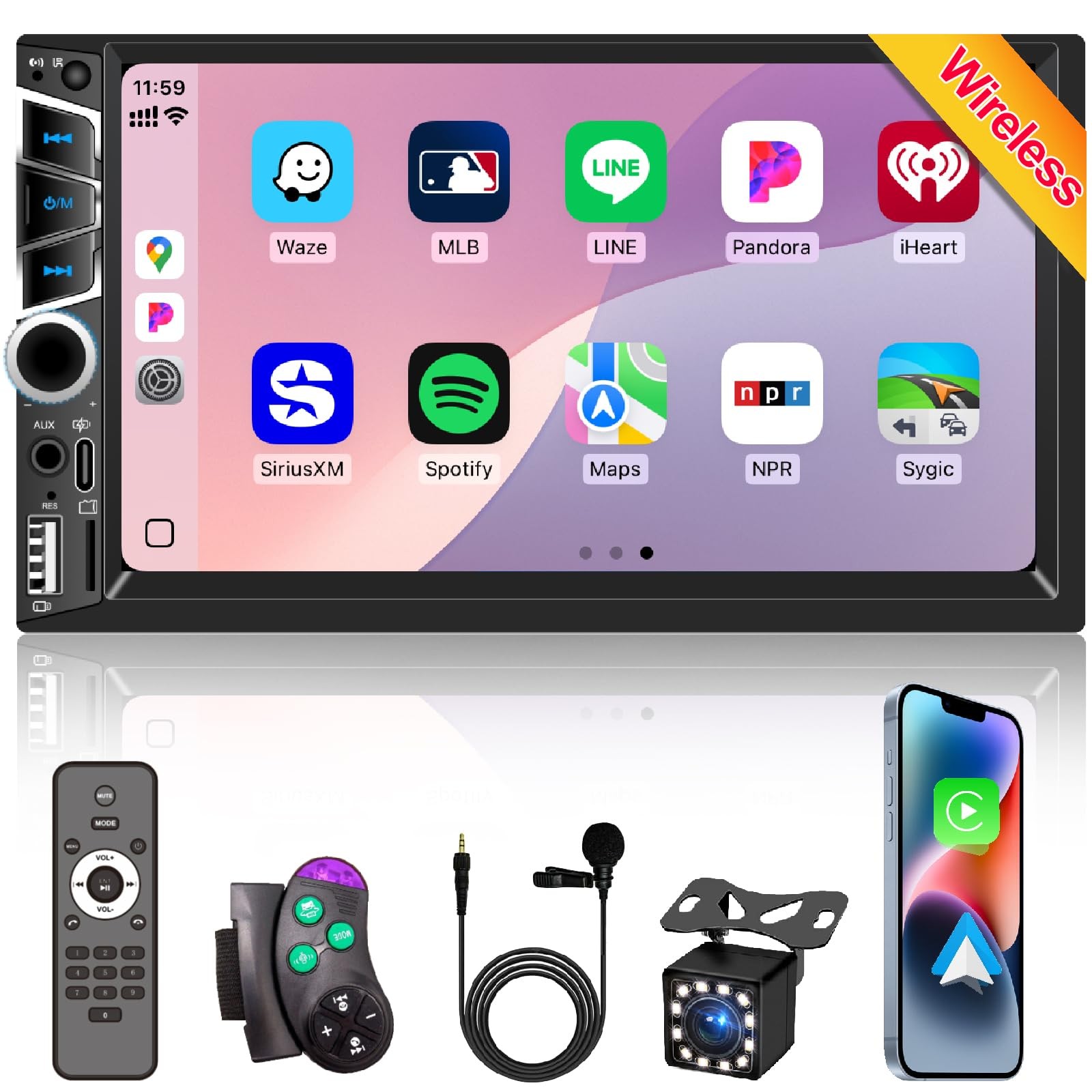 Wireless Apple Carplay 7 inch Double Din Car Stereo,IPS Touchscreen,Bluetooth…