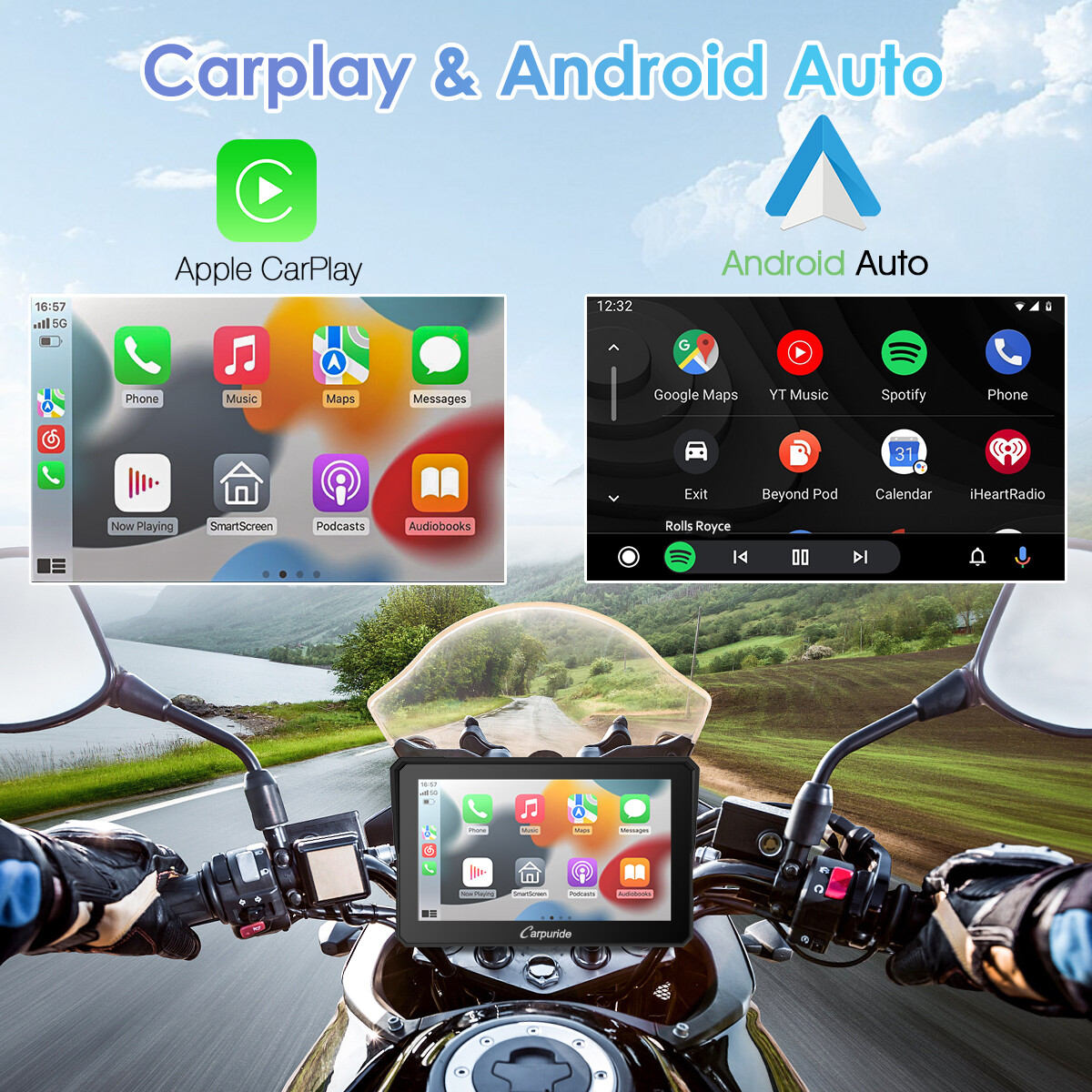 Carpuride 7Inch Motorcycle Stereo Bluetooth Wireless Apple CarPlay Android Auto