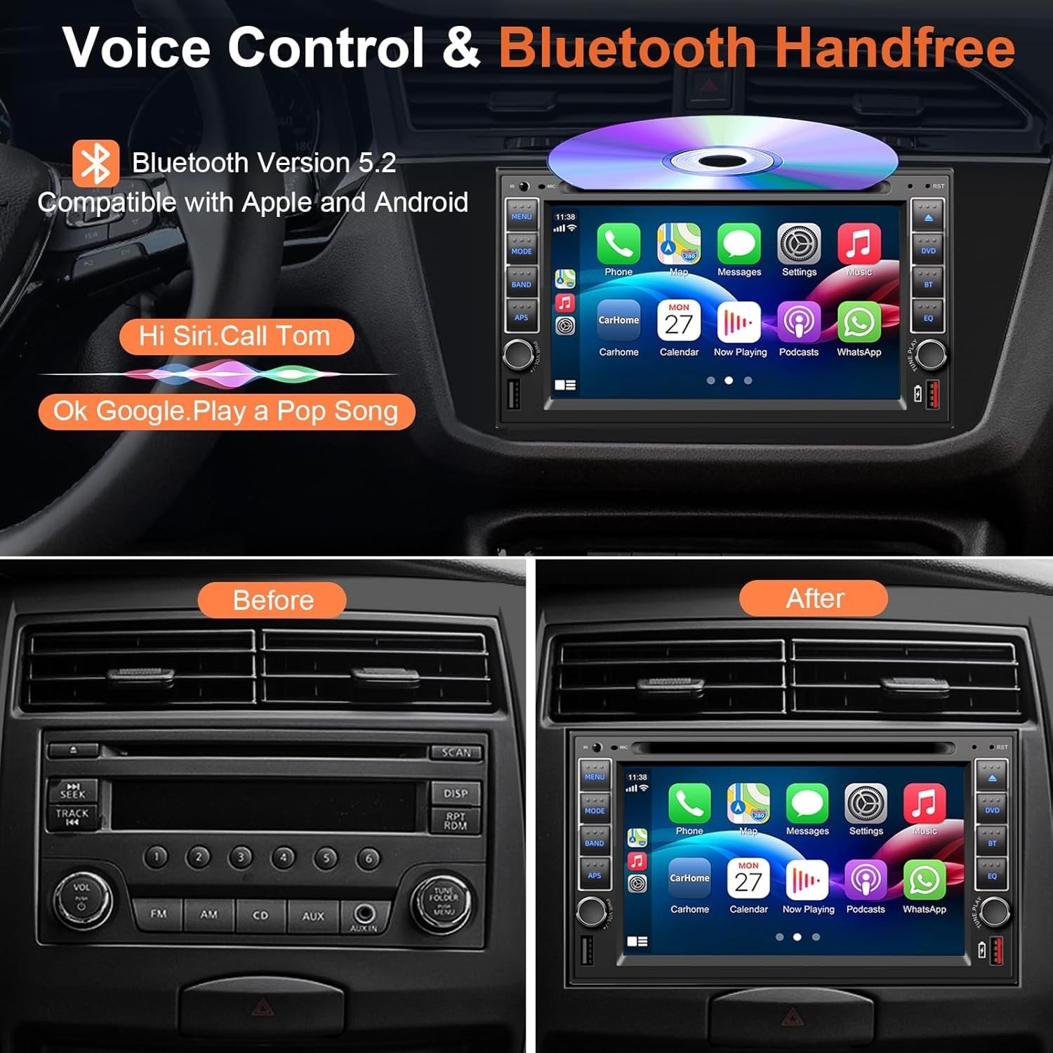 Double Din Car Stereo Radio with CD/DVD Player, Voice Control Carplay and And…