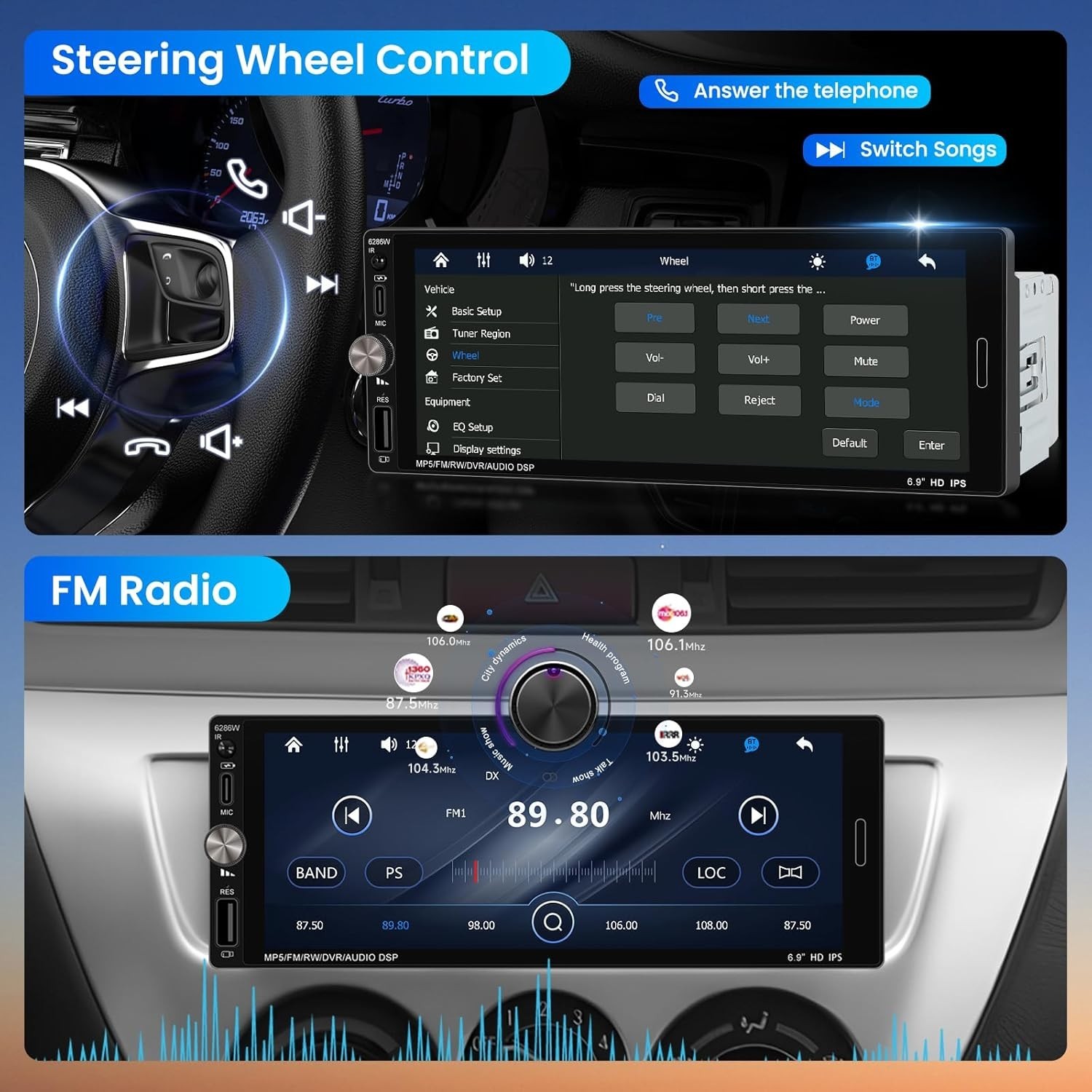 6.9″ Single DIN Android Auto Carplay Stereo with Backup Camera & Remote