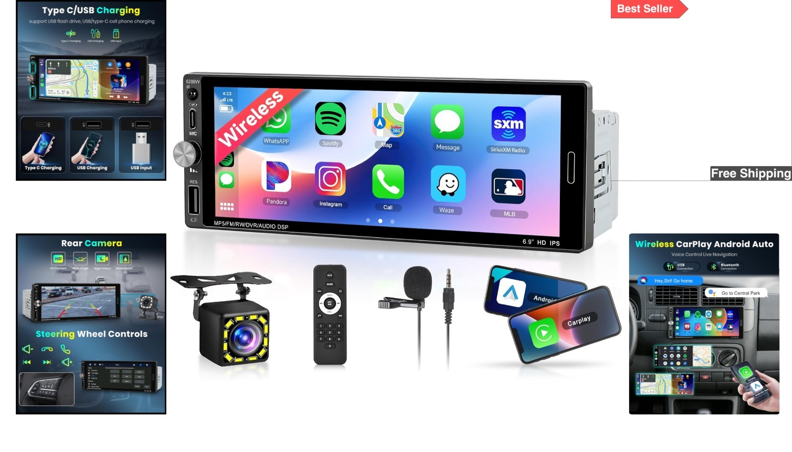 6.9-Inch IPS Touch Screen Car Stereo: Wireless Carplay, Bluetooth & EQ Features