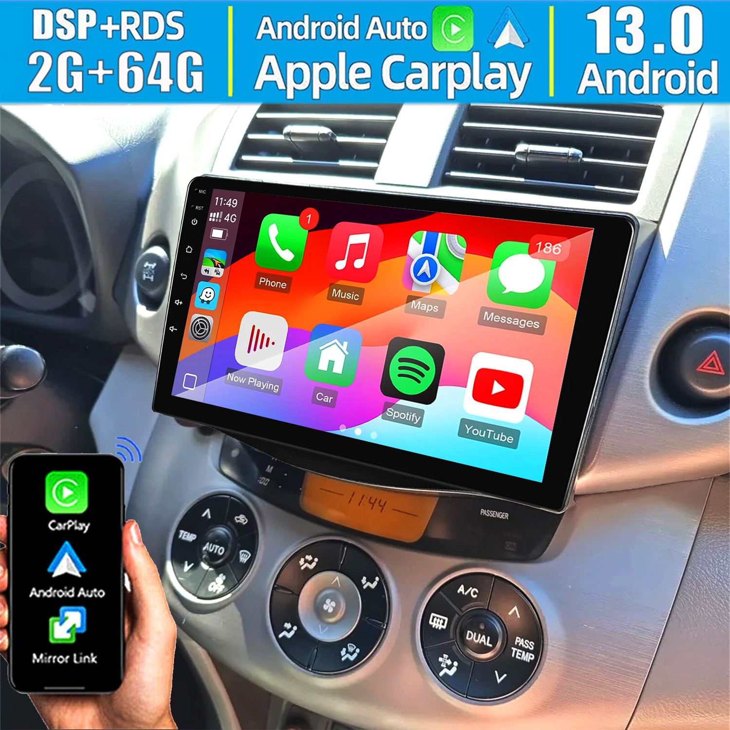 2+64G For Toyota RAV4 2007-2012 Carplay Android Car Radio Stereo JBL 1280*800 FM