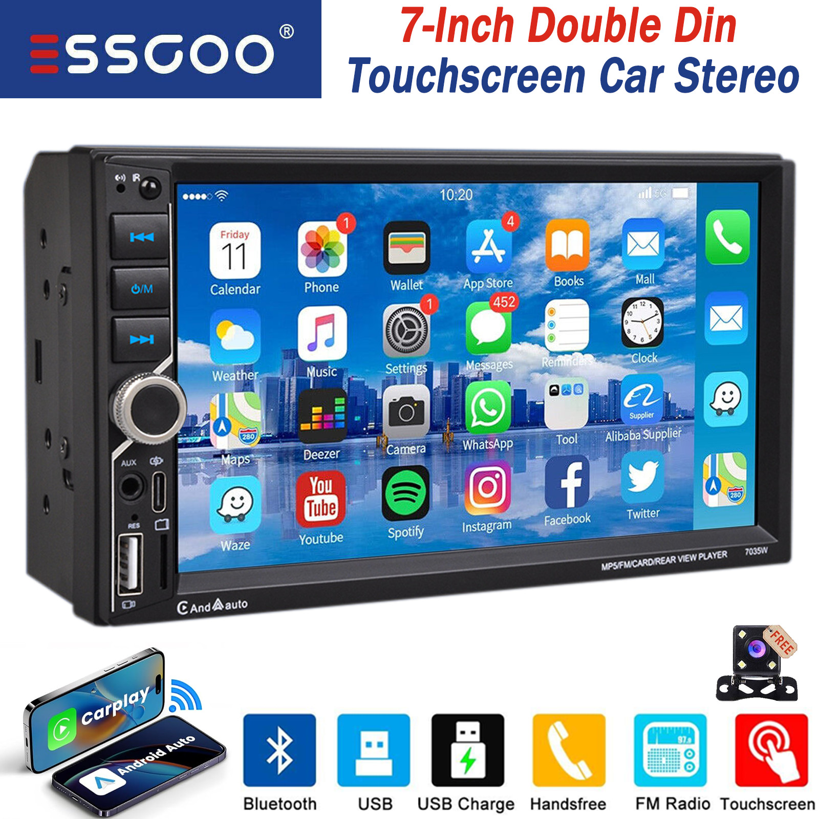 7 inch Double 2Din Car Stereo Radio CarPlay/Android Auto Touch Screen HD+Camera