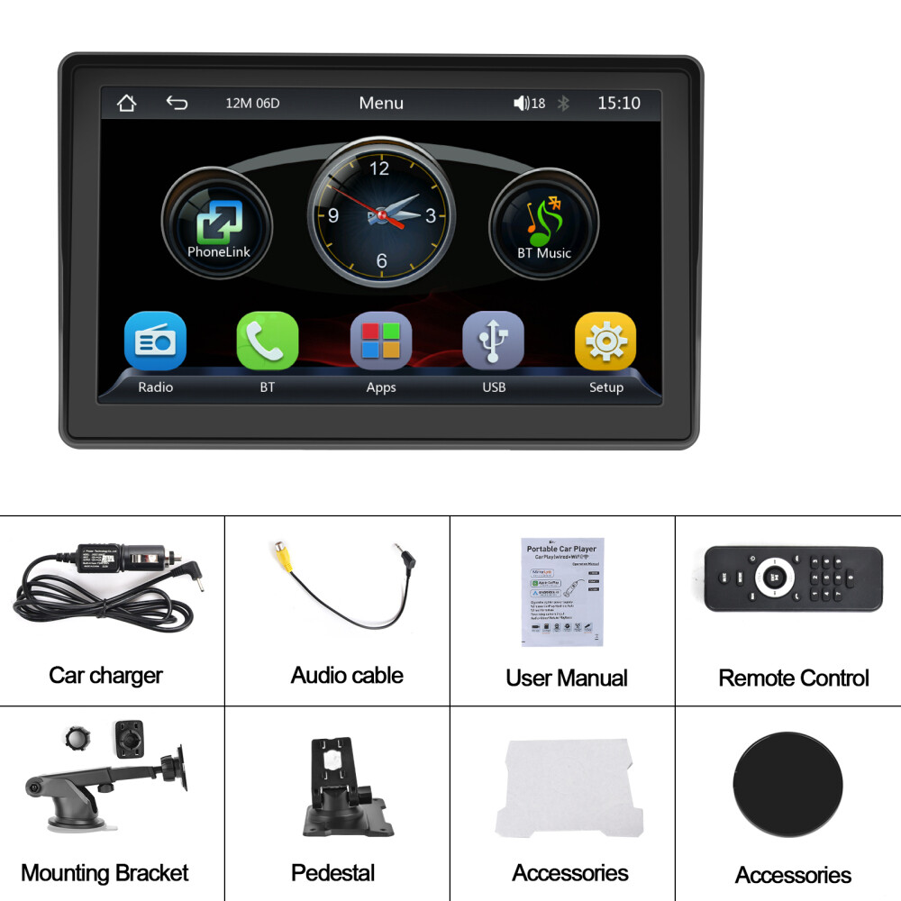 7” Portable Wireless Apple CarPlay Android Auto Stereo Touch Screen Car Radio
