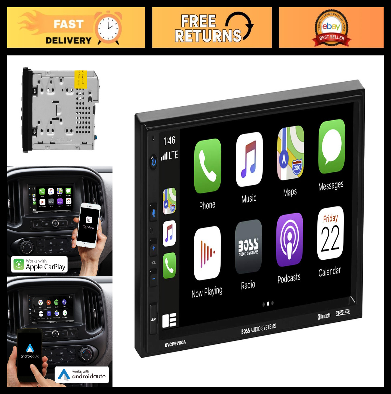 Double Din Car Stereo 7″ Touchscreen – Apple CarPlay, Android Auto, Bluetooth, A
