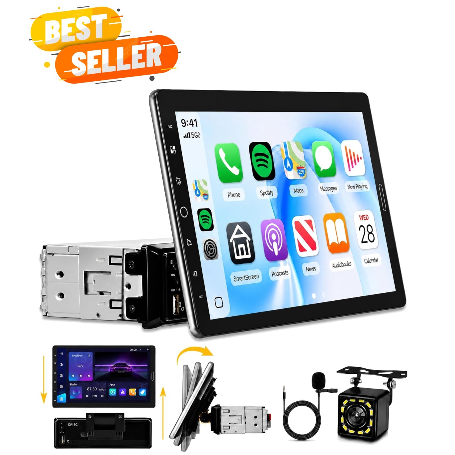 10.1 inch Single Din Car Stereo with FM/RDS Wireless Carplay Android Auto Bac…
