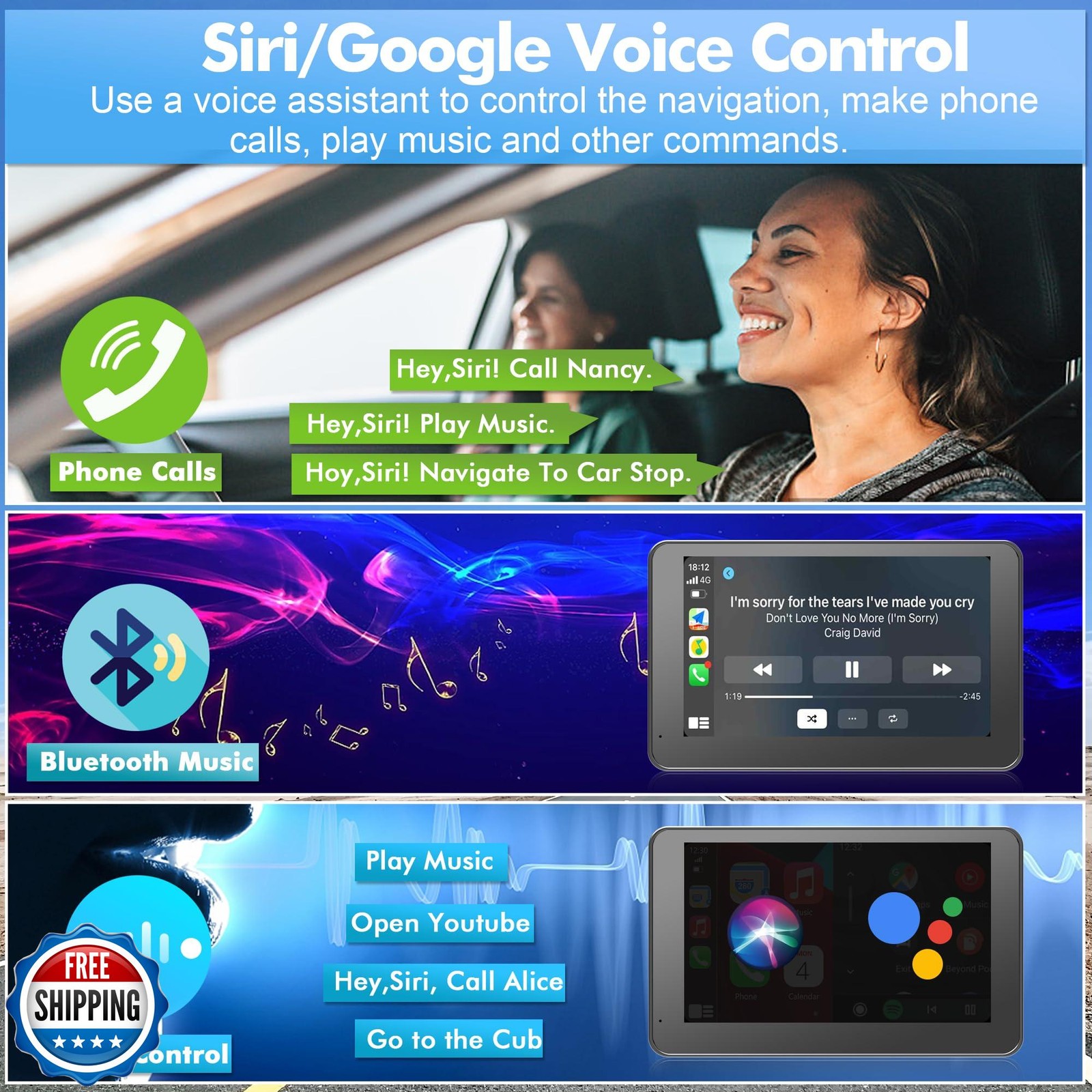 Portable Carplay Screen for Car, 7″ HD Touchscreen for Car with Backup Camera