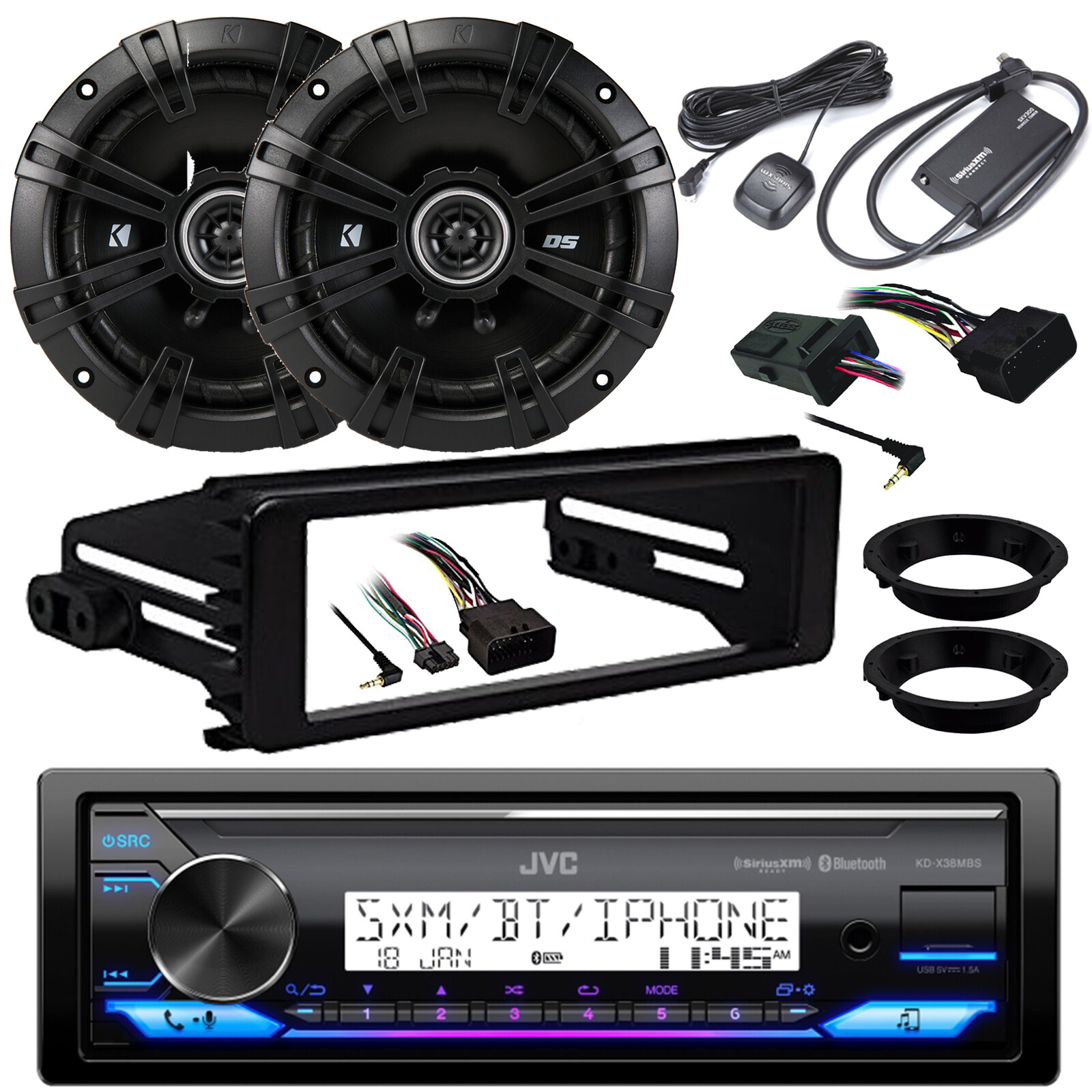in-Dash Receiver, Handelbar + Install Kit, 2x 6.5″ Speakers, Adapter, XM Tuner