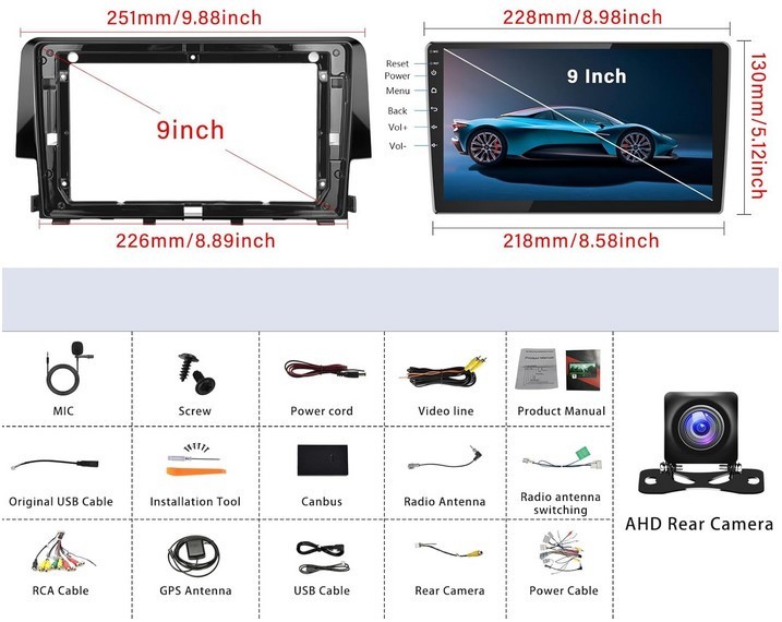 Honda Civic Carplay Android Radio 2016-2020 9 Inch Car Stereo GPS Nav 2 + 32G