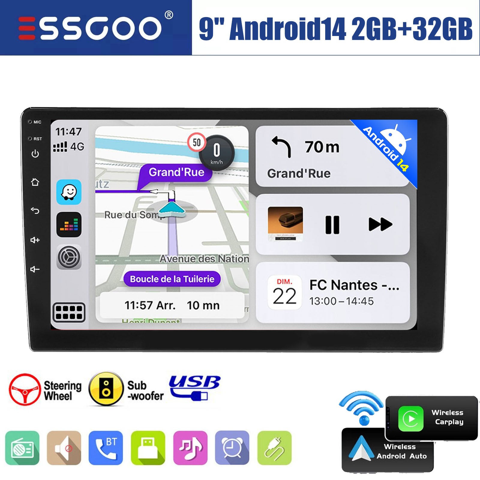 9 in Double 2 DIN Car Stereo Radio Apple Carplay Android14 IPS Touch Screen GPS