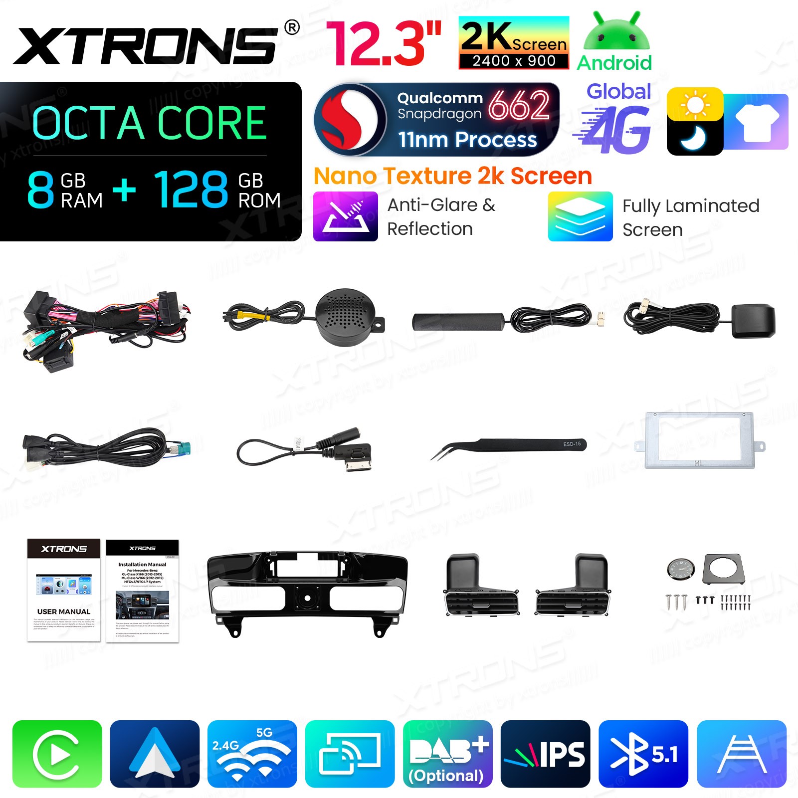 12.3″ Android 14 GPS Navigation for Mercedes ML W166 GL X166 8GB 128GB 2K Screen