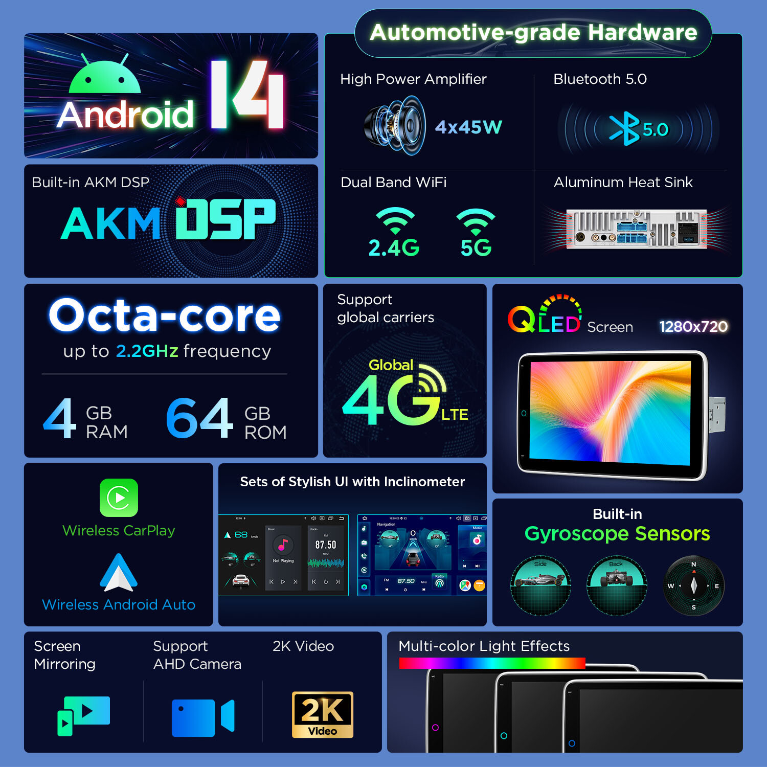 10.1″ Rotatable Screen 1-DIN 8Core Android 13 64GB Car Play Stereo GPS Radio DSP