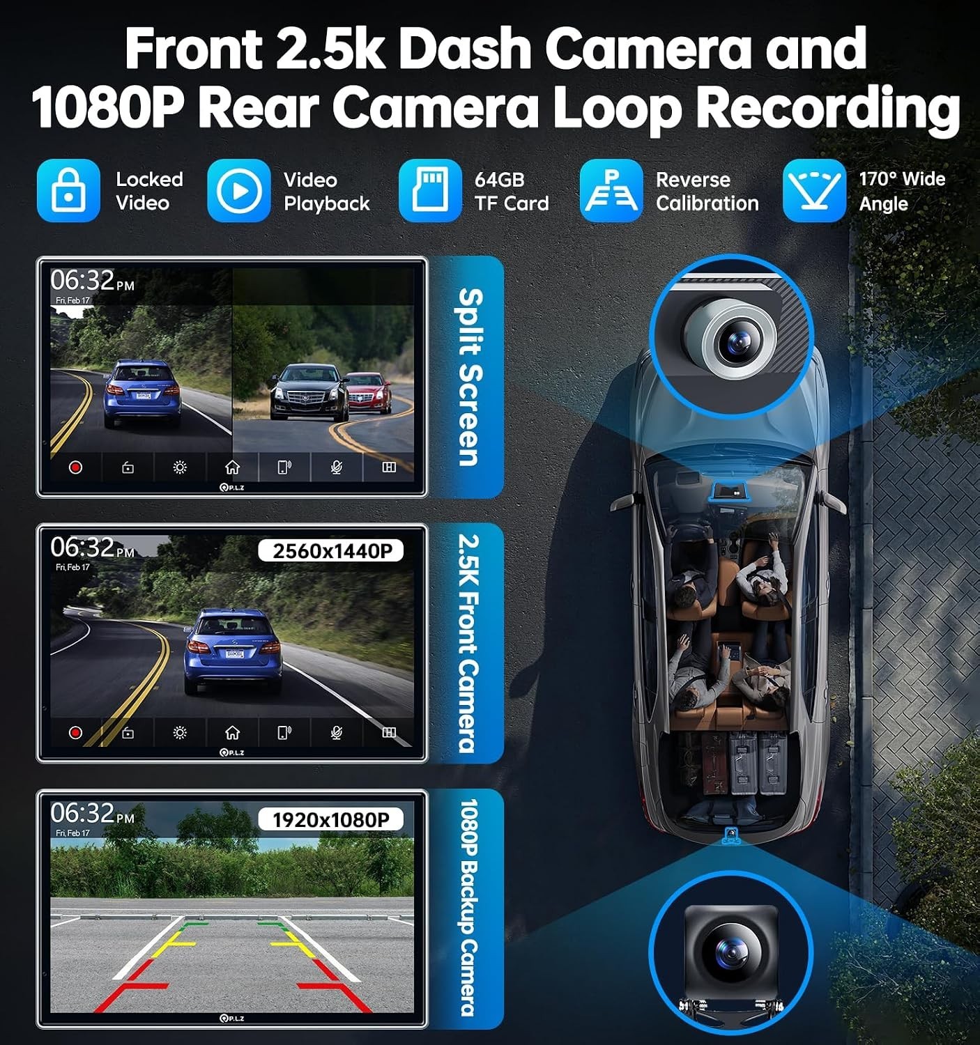 7″ Portable Wireless Apple Carplay Stereo Screen for Car, 2.5K Dash Camera