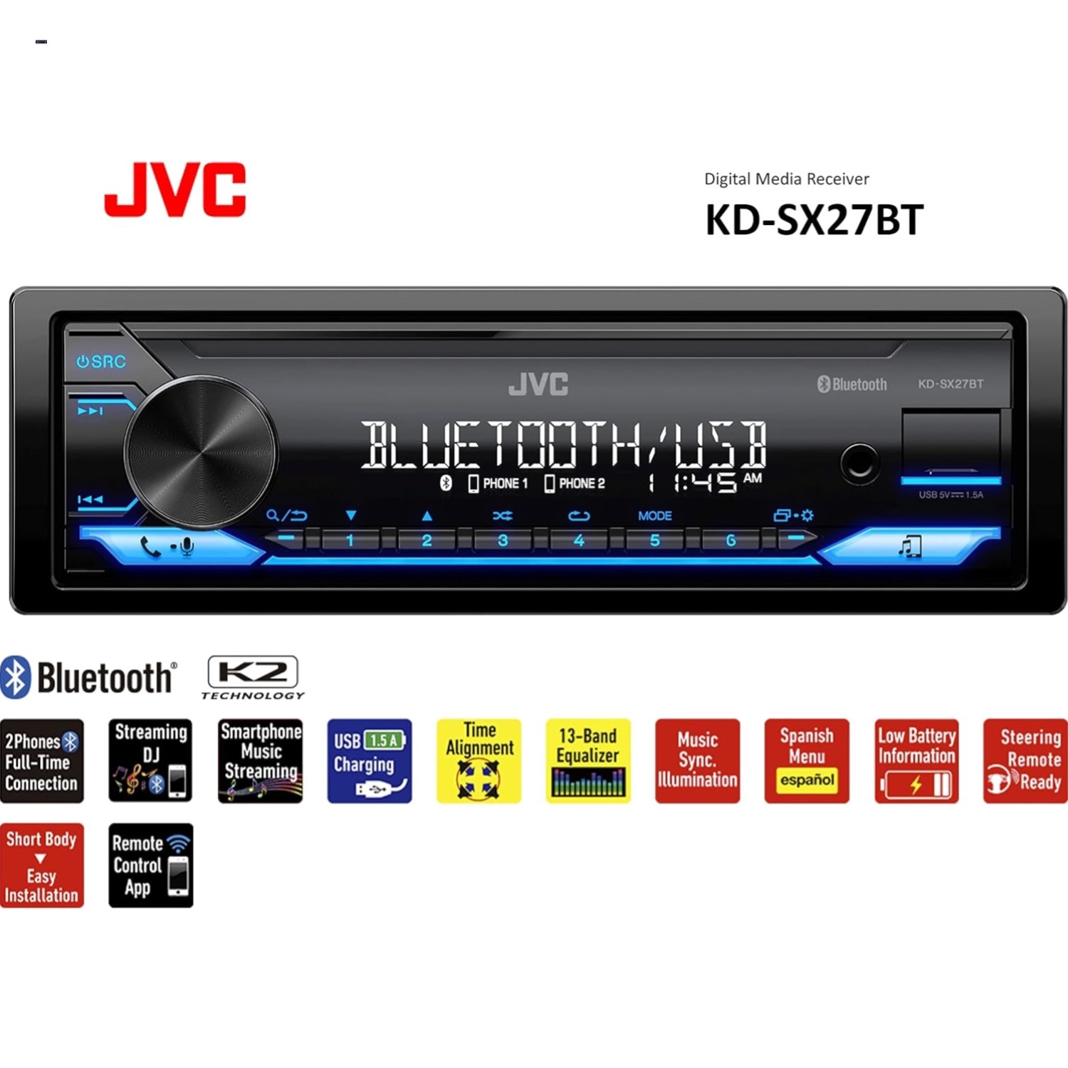 Upgrade Your Ride with KD-SX27BT: 100W Bluetooth Car Stereo with Dual Phone