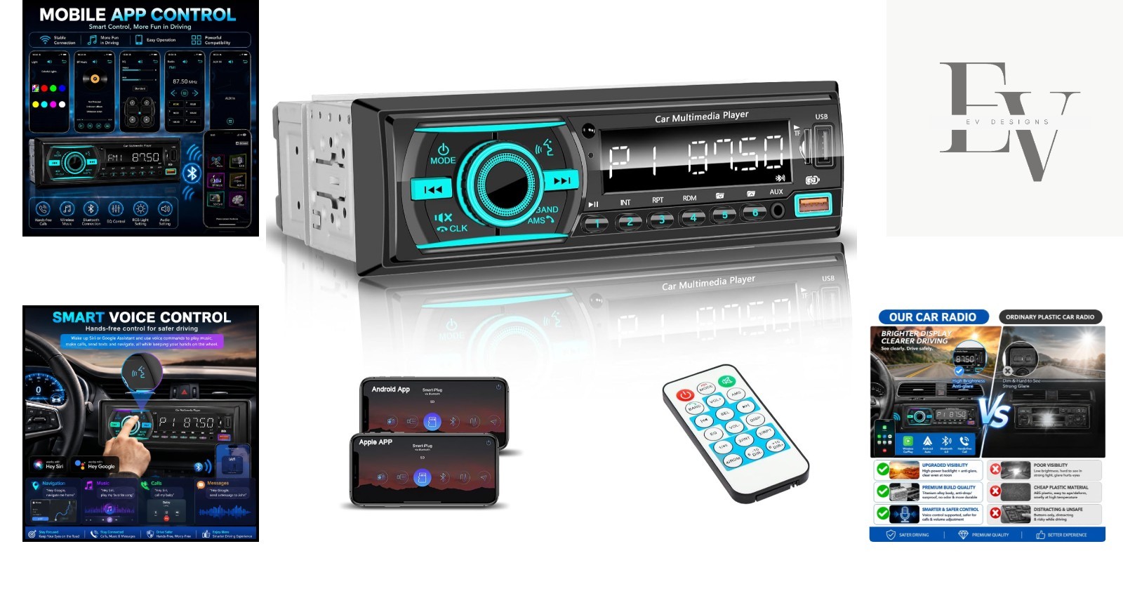High-Powered Single Din Car Stereo – Bluetooth, EQ Settings, and LED Ambiance