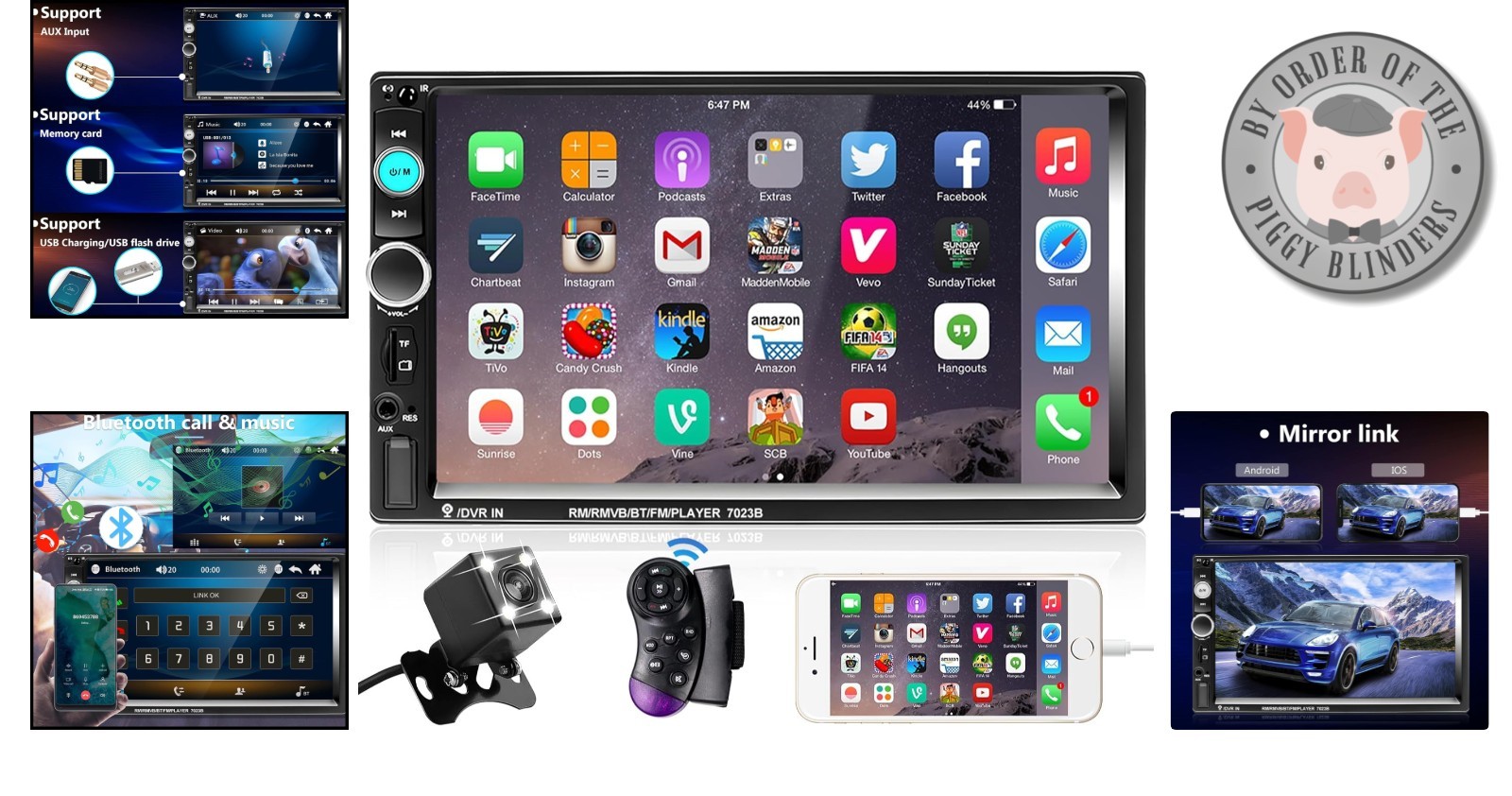 High-Res 7 Inch Double Din Car Stereo with Mirror Link & Steering Wheel Control