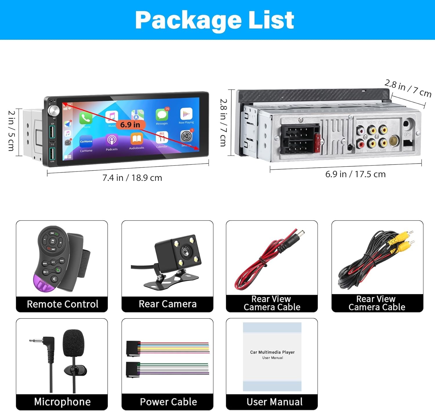 Single Din Car Stereo with Apple Carplay Android Auto,6.9 Inch IPS Touchscreen,