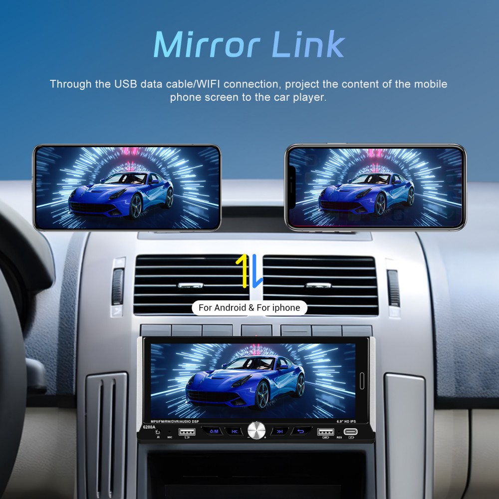 2+64GB Single 1DIN Car Radio GPS NAVI Carplay 6.9 Inch Stereo Player Android 15