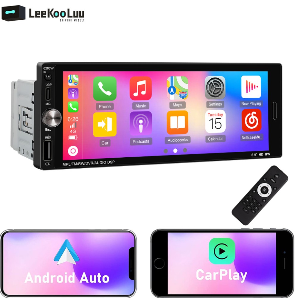 6.9” Single 1 Din Car Stereo Apple CarPlay touchscreen Bluetooth Radio SWC USB