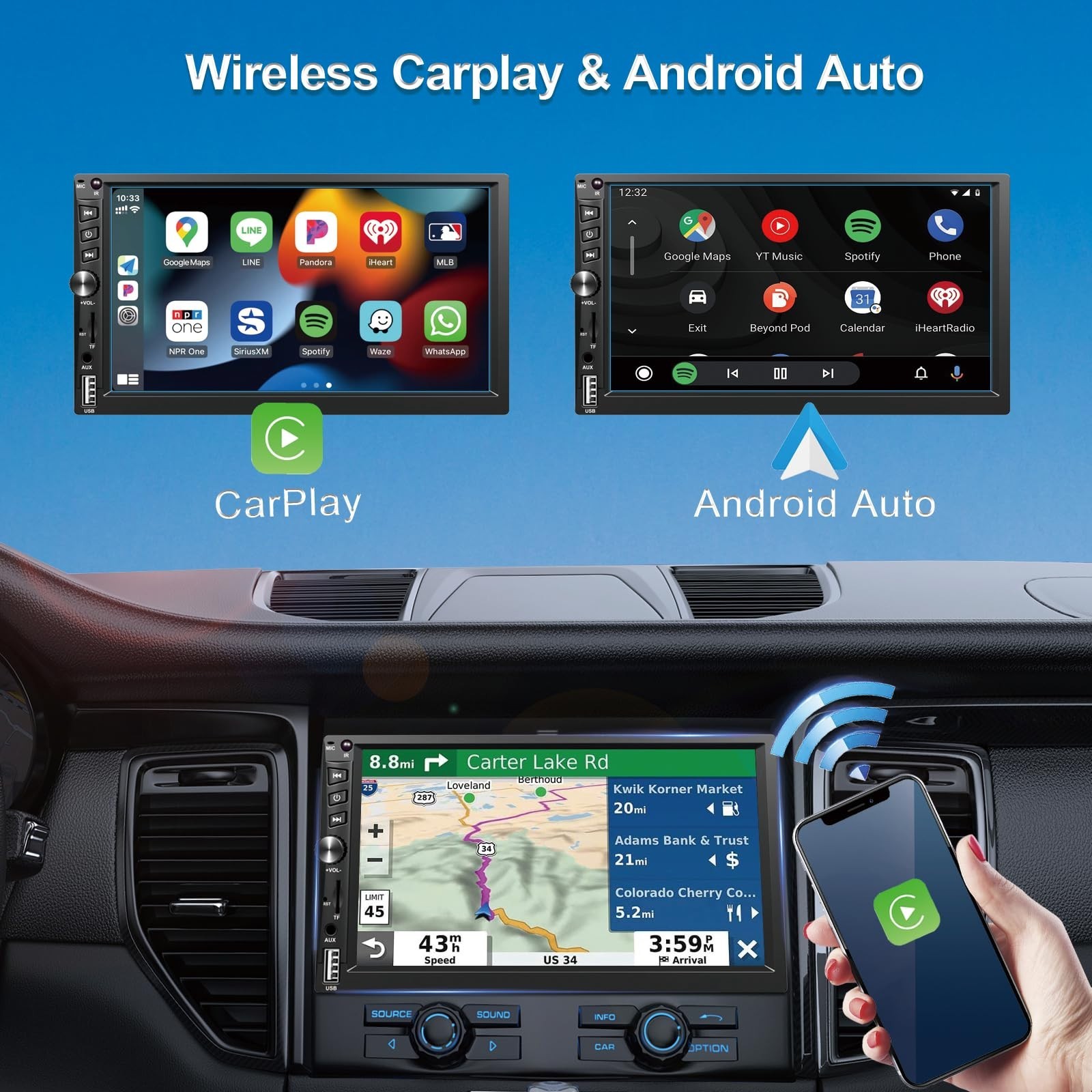 7-Inch Wireless Double Din Car Stereo – Apple CarPlay, Bluetooth 5.1, GPS, Backu