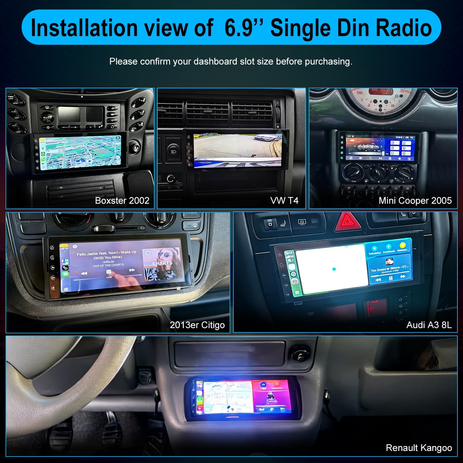 Single DIN Car Radio 6.9″ Wireless Apple CarPlay Android Auto Bluetooth 5.2
