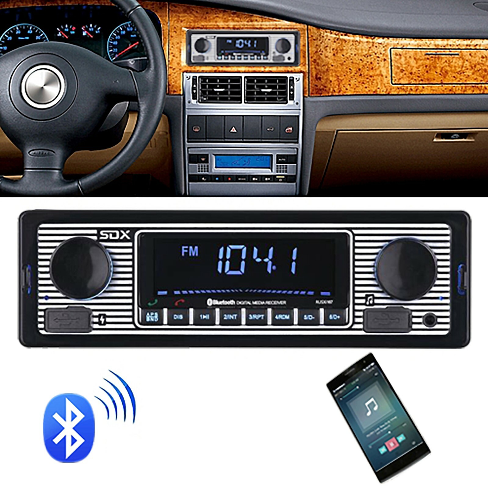 SDX Vintage Bluetooth Car Head Unit Receiver MP3 Player AUX USB Charging Port