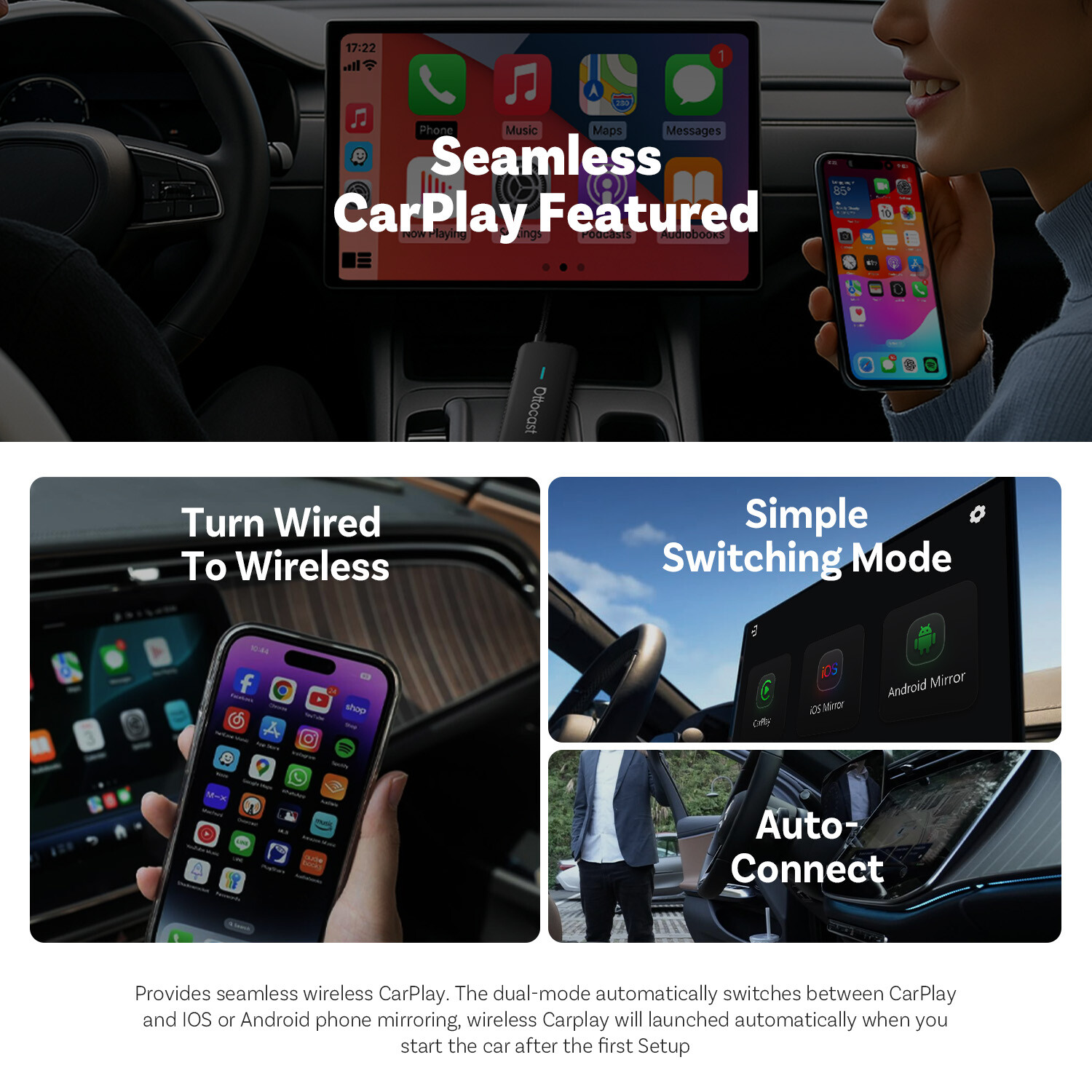 Ottocast Mirror Touch Wireless CarPlay Adapter Bidirectional control Phone & Car