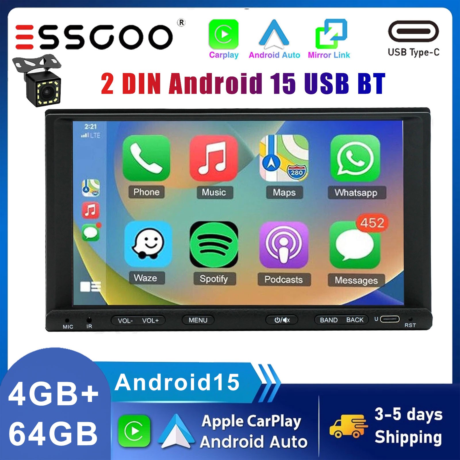 7” Double 2 DIN 64G CarPlay Android 15 Car Stereo Touch Screen GPS 64GB Camera