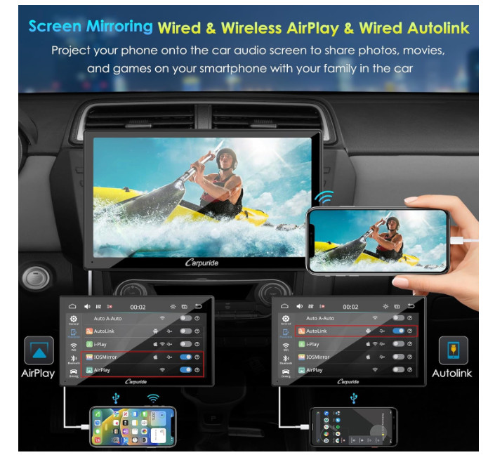 Carpuride 9″ Wireless Car Stereo Apple CarPlay Android Auto Touchscreen